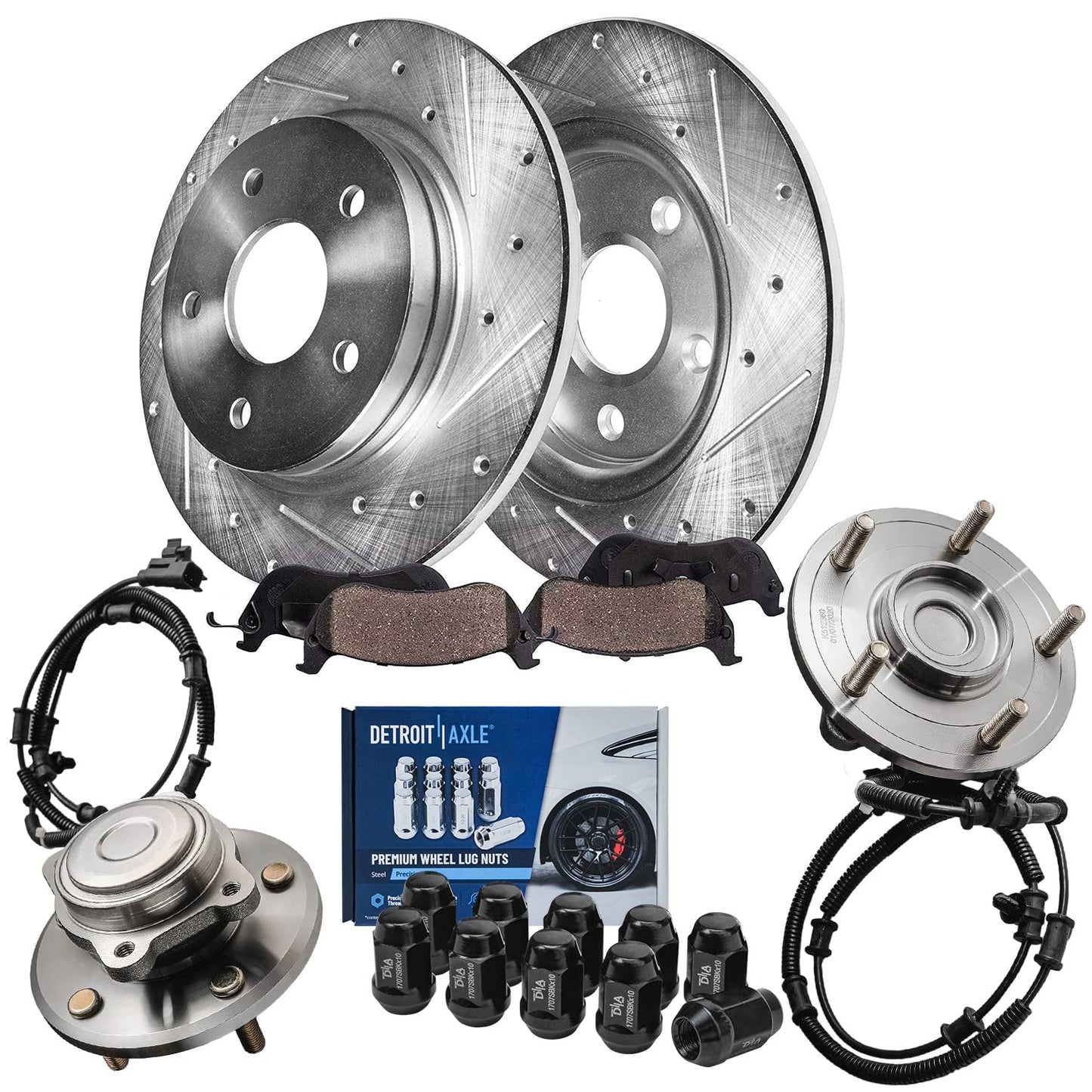 Detroit Axle - Brake Kit for 2006-2018 Dodge Ram 1500 2007-2009 Durango Chrysler Aspen 2019-2024 Ram 1500 Classic, Drilled Slotted Brake Rotors and Ceramic Brakes Pads w/Hardware Replacement