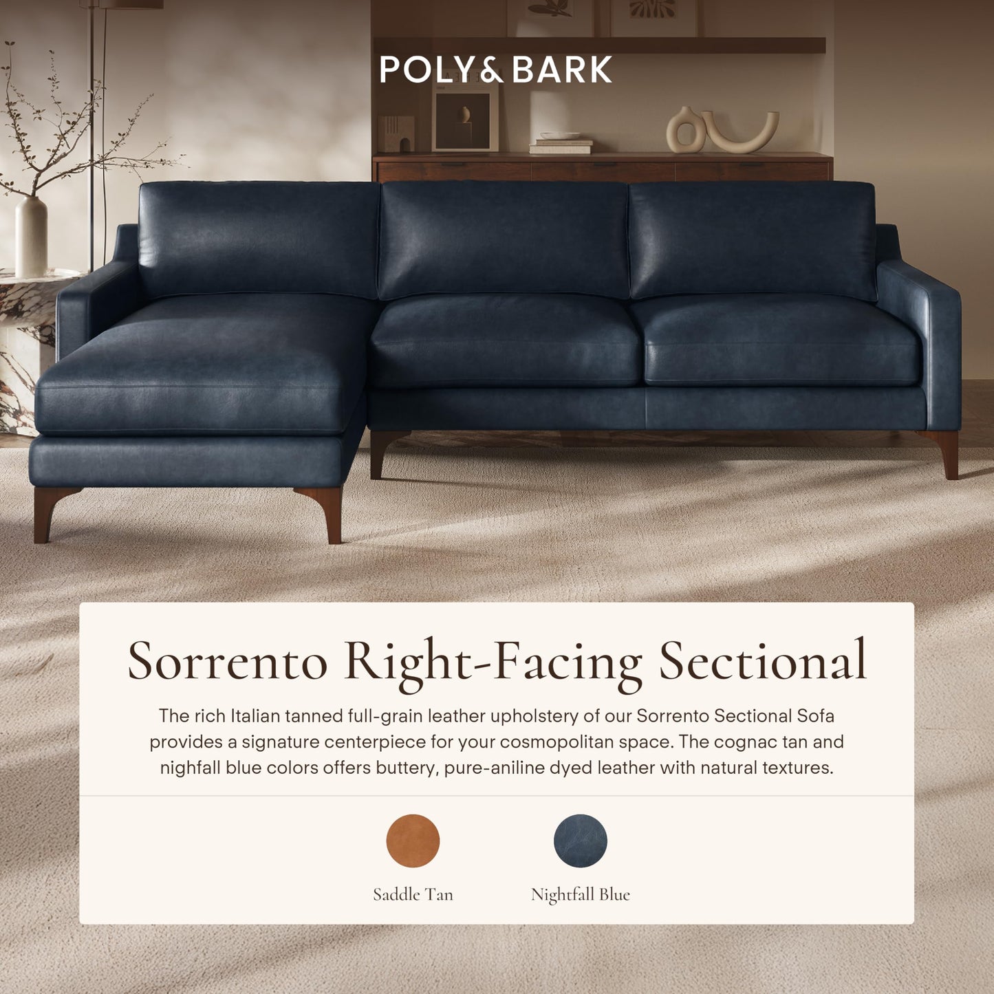 Poly & BARK Harper Left-Facing Leather Sleeper Sectional Sofa Cognac Tan– Full-Grain Aniline Leather, Sculptural Silhouette, Walnut-Finished Legs – Modern Statement Sofa for Living Spaces