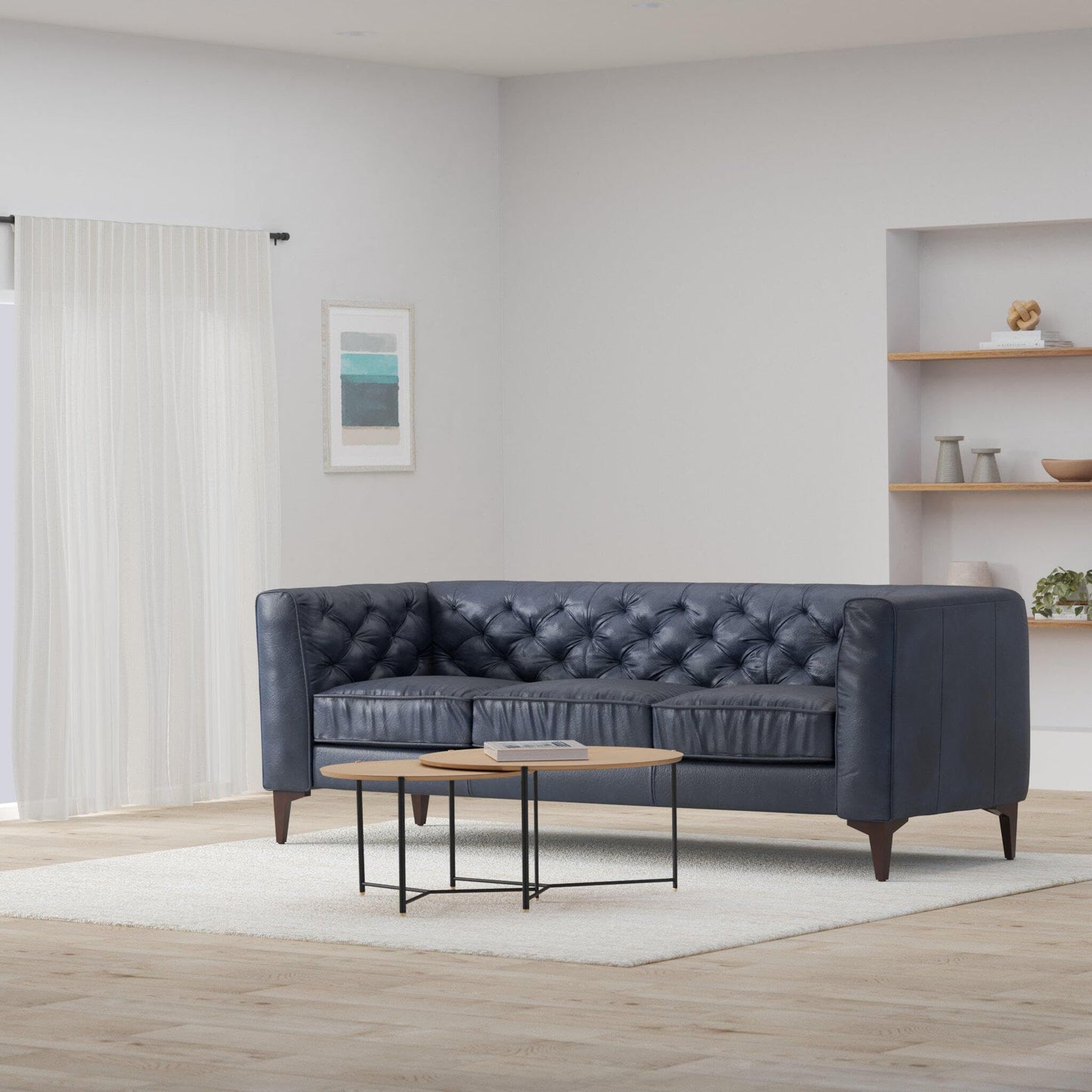POLY & BARK Essex 89” Full-Grain Italian Leather Sofa – Tufted Back, Feather-Down Comfort, Solid Wood Frame, Cognac Tan