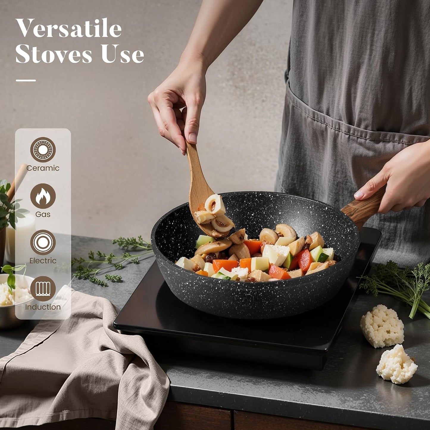 Kitchen Academy 12Pcs Black Pots and Pans Set Non Stick, Kitchen Induction Nonstick Cookware Sets, Best Cooking Pot and Pan Set