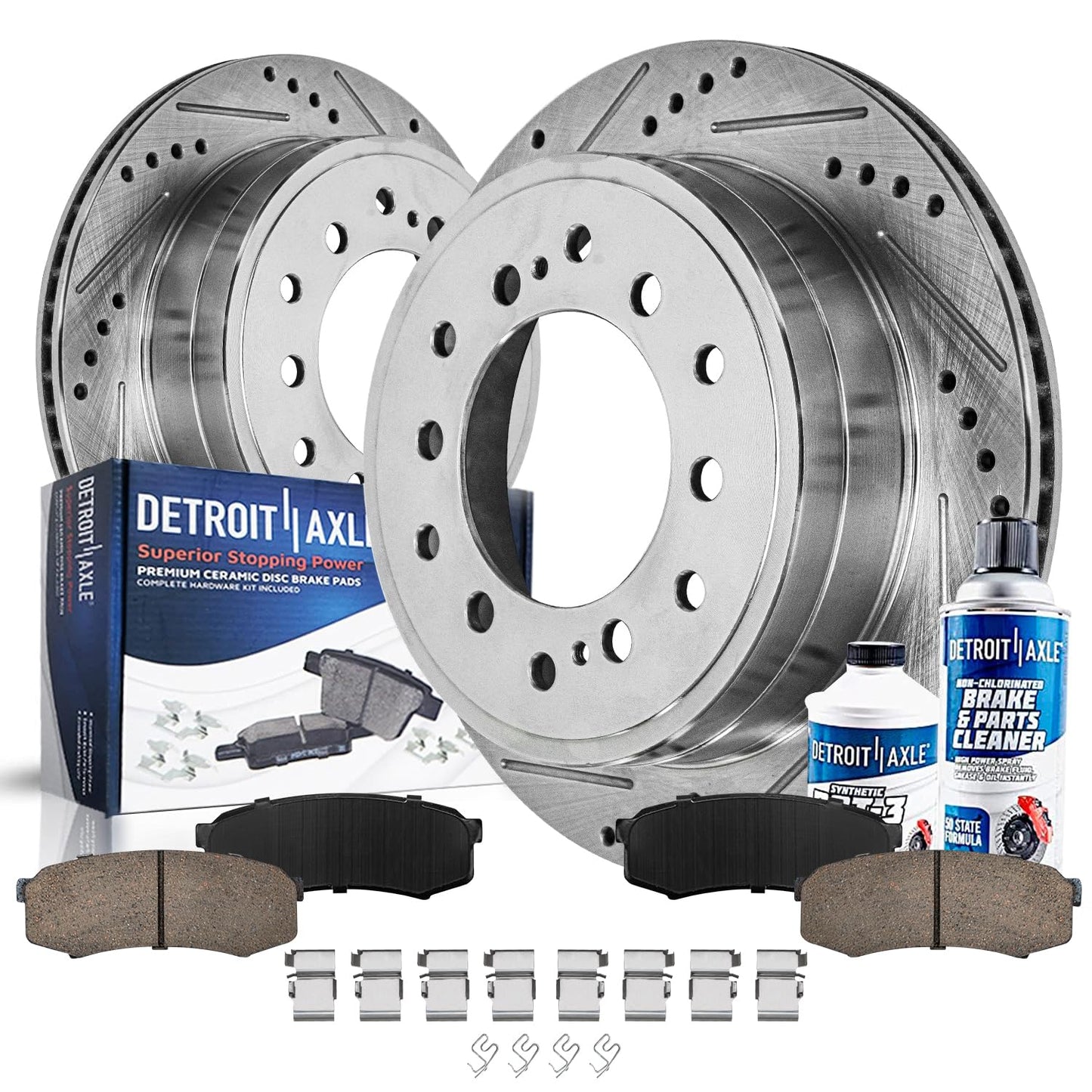 Detroit Axle - Front Brake Kit for Chevy GMC Silverado Suburban Sierra Savana Express 1500 Tahoe Yukon XL Cadillac Escalade ESV EXT Drilled Slotted Disc Brake Rotors Ceramic Brakes Pads Replacement