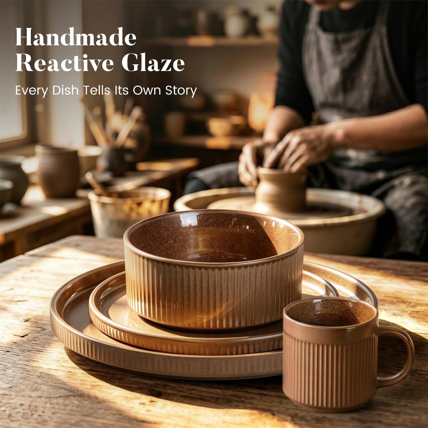 Kitchen Academy Brown Stoneawre Dinnerware Sets for 8, 24Pcs Ceramic Non Toxic Plates and Bowls Sets, Scratch Resistant Dishes, Oven & Microwave Safe