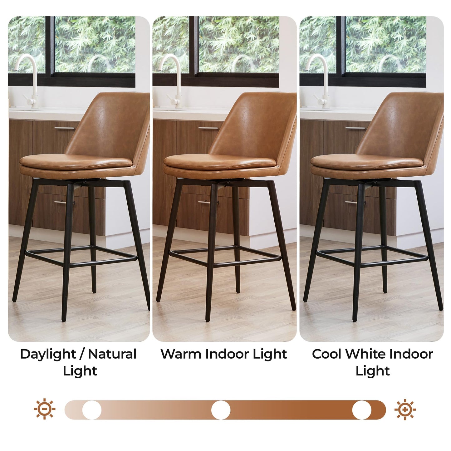 CHITA Swivel Bar Stools, 27.2" Counter Height Bar Stools Set of 3, FSC Certified Upholstered Modern Counter Stools, Metal Legs, Faux Leather, Saddle Brown