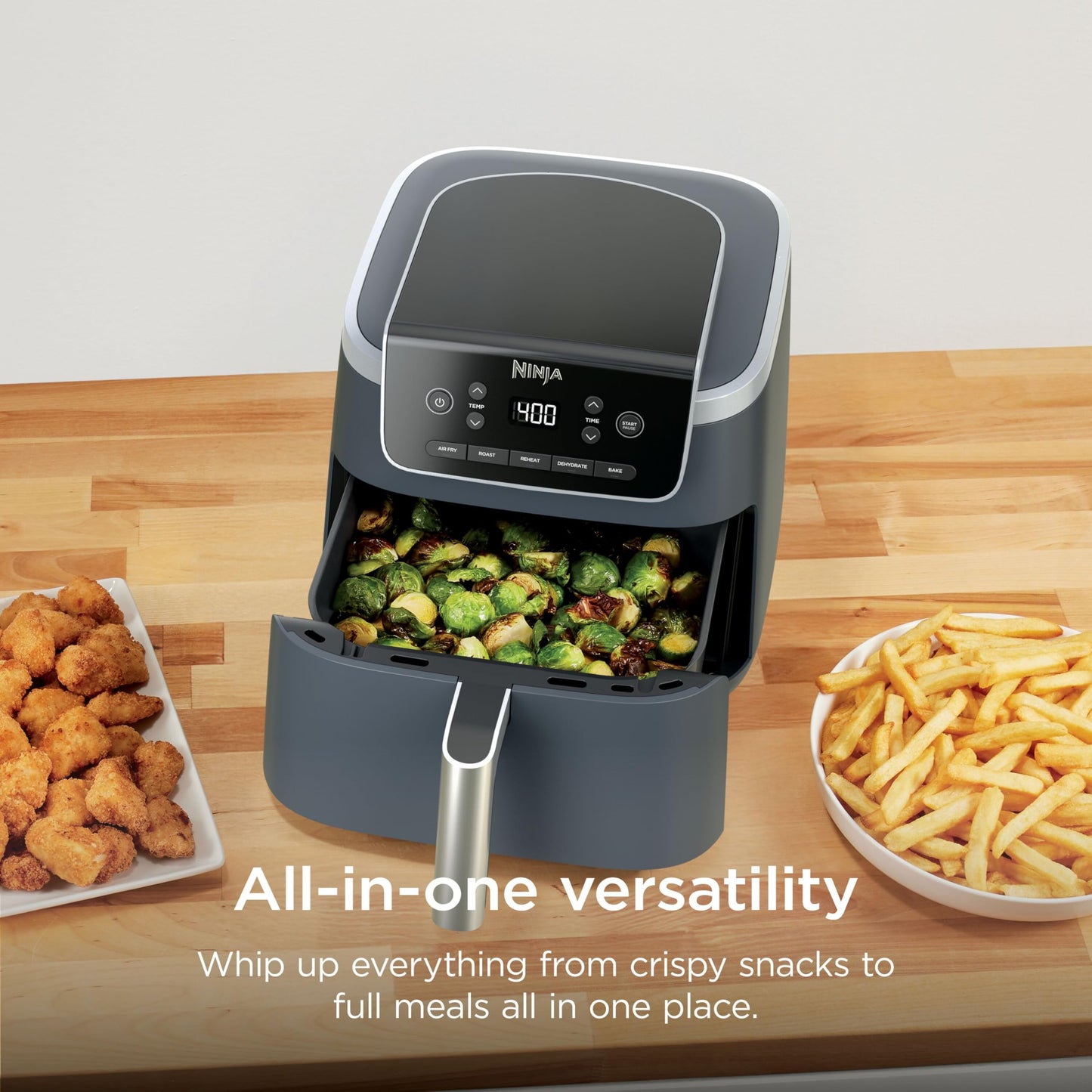 Ninja Air Fryer with Air Crisp | 5 QT Capacity fits up to 4lbs of Fries | 4-in-1 Pro Air Fry, Roast, Reheat, Dehydrate | 400°F Max Temp | 1750 Watts | W/Nonstick Basket & Crisper Plate | Grey | AF141