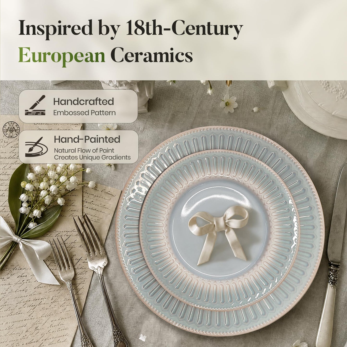 Kitchen Academy Stoneware Dinnerware Sets for 8, Embossed Ceramic Plates and Bowls Set, Beige Dishes
