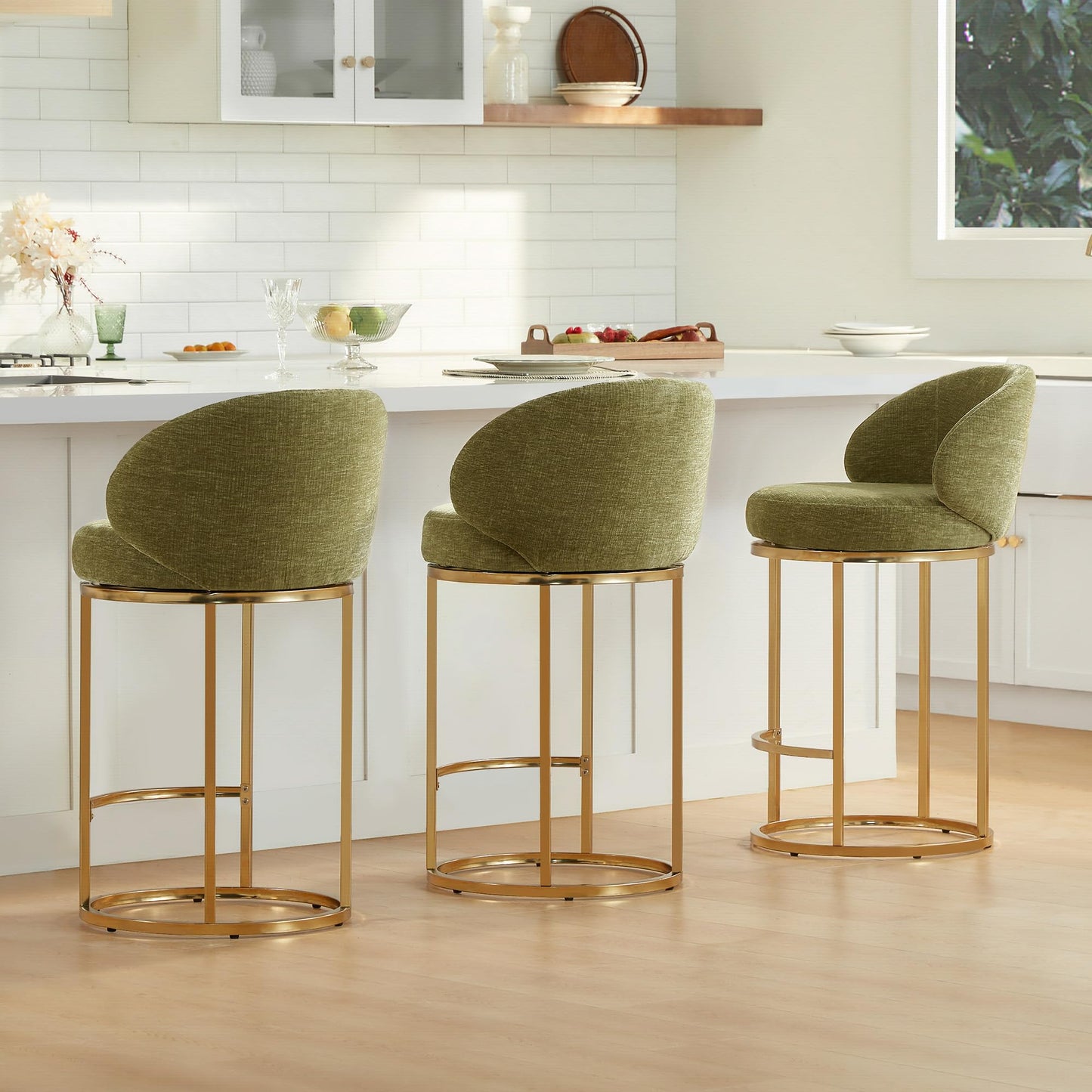 CHITA Swivel Counter Height Bar Stools Set of 3, Upholstered Bar Chairs with Backrest, Sturdy Metal Base, 26.8" Seat Height for Kitchen Island & Home Bar, Sand