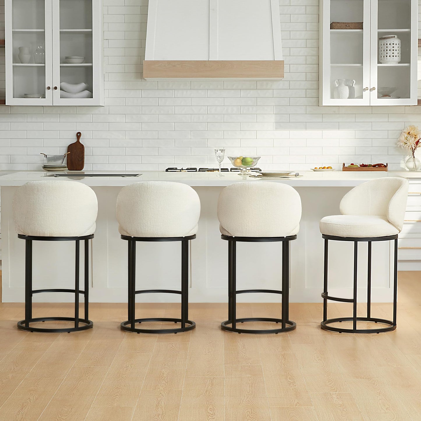 CHITA Swivel Counter Height Bar Stools Set of 3, Upholstered Bar Chairs with Backrest, Sturdy Metal Base, 26.8" Seat Height for Kitchen Island & Home Bar, Sand