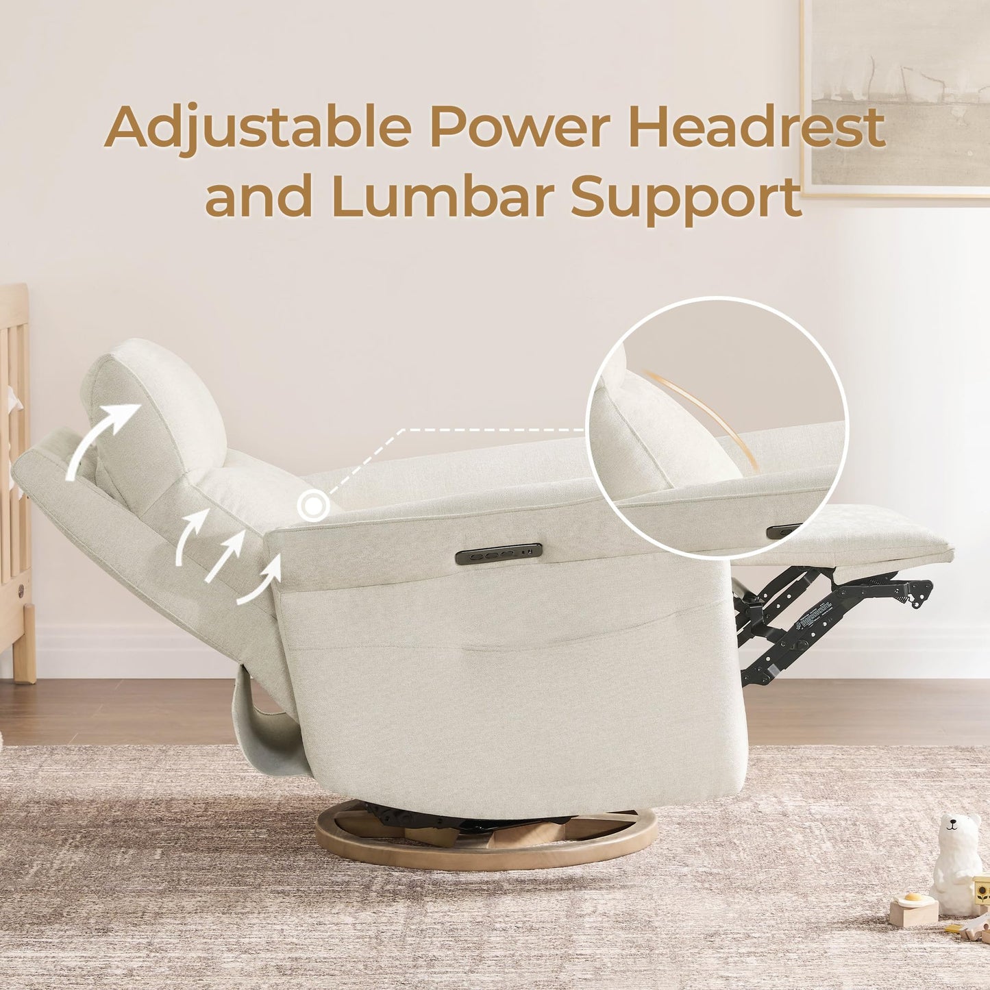 CHITA Power Recliner Chair, Electric Triple-Motor Swivel Glider Nursery Rocking Chair with Adjustable Power Headrest and Lumbar Support, GREENGARD Gold Certified, Solid Wood Base, Linen
