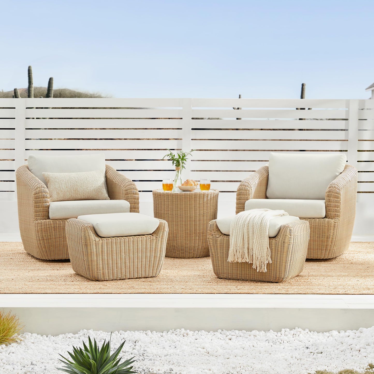 CHITA 5 Pieces Patio Wicker Furniture Set, Outdoor Rattan Bistro Set with Removable Thickened Cushions, Fully Assembled(Beige Cushions with Light Brown Wicker)