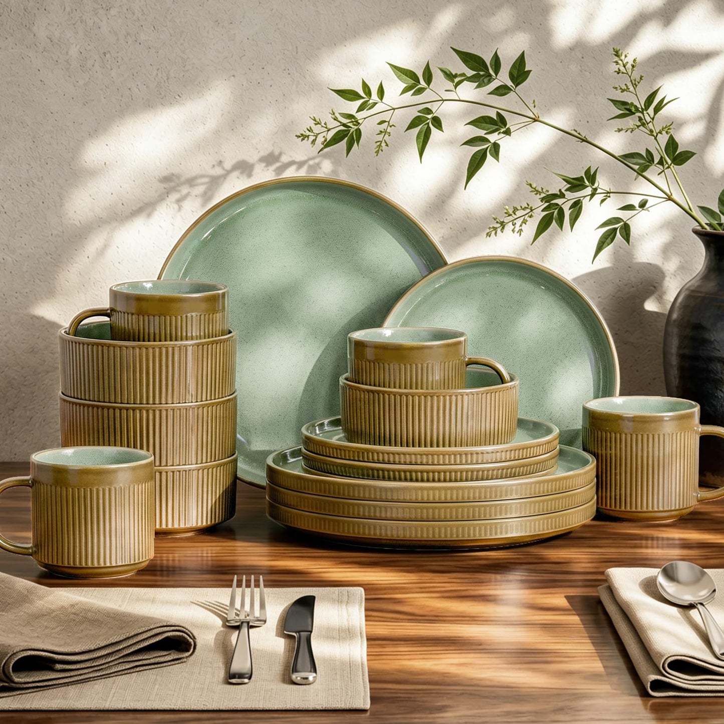 Kitchen Academy Brown Stoneawre Dinnerware Sets for 8, 24Pcs Ceramic Non Toxic Plates and Bowls Sets, Scratch Resistant Dishes, Oven & Microwave Safe