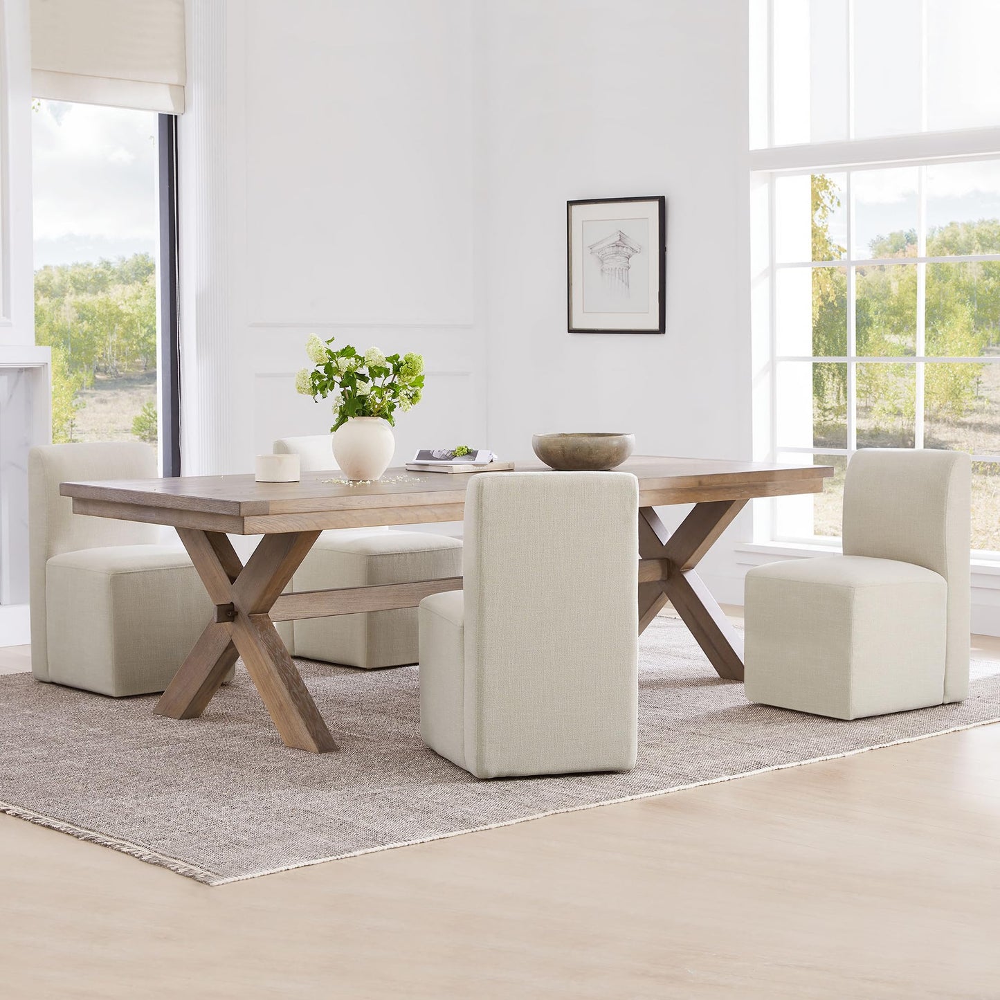 CHITA Dining Chairs with Casters Set of 2, FSC Certified Upholstered Armless Modern Rolling Dining Chairs with Rollers for Bedroom Reading Room Living Room, Fully Assembled, Linen