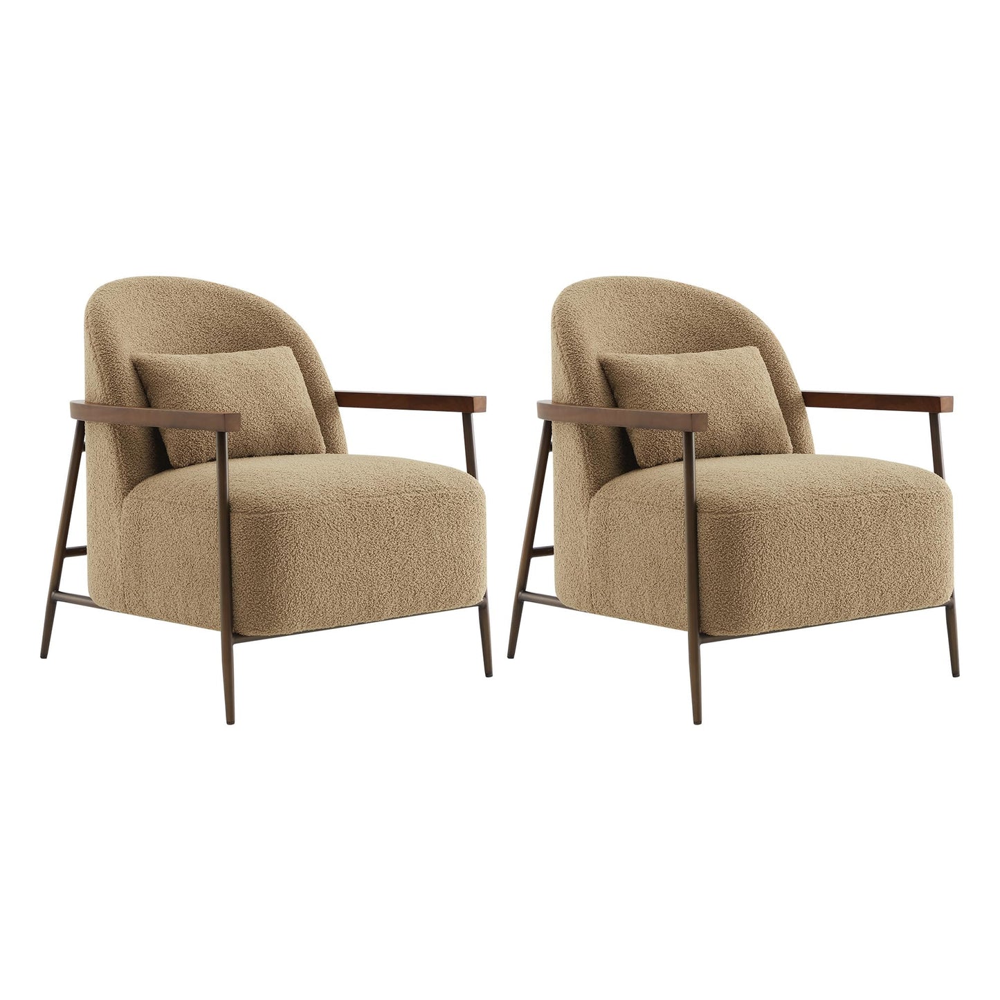 CHITA Accent Chair for Living Room Set of 2, FSC Certified Modern Upholstered Faux Sherpa Fabric Armchair with Metal Frame and Wooden Armrests, Camel