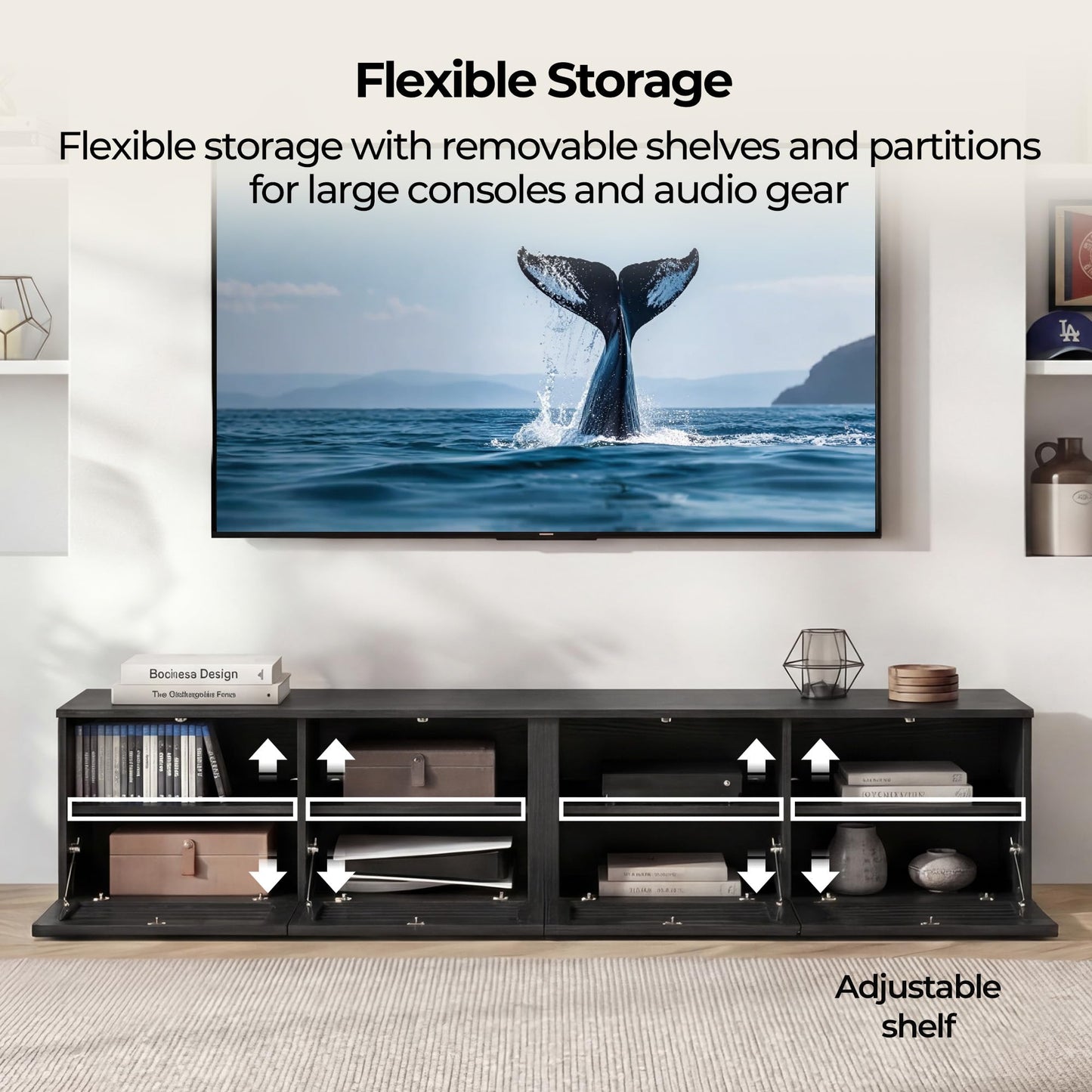 CHITA 70" Modern TV Stands with LED Light for TVs Up to 75 inches, Low Profile Entertainment Center with 4 Flip-Down Door & Fluted Details, TV Media Console for Living Room, Black
