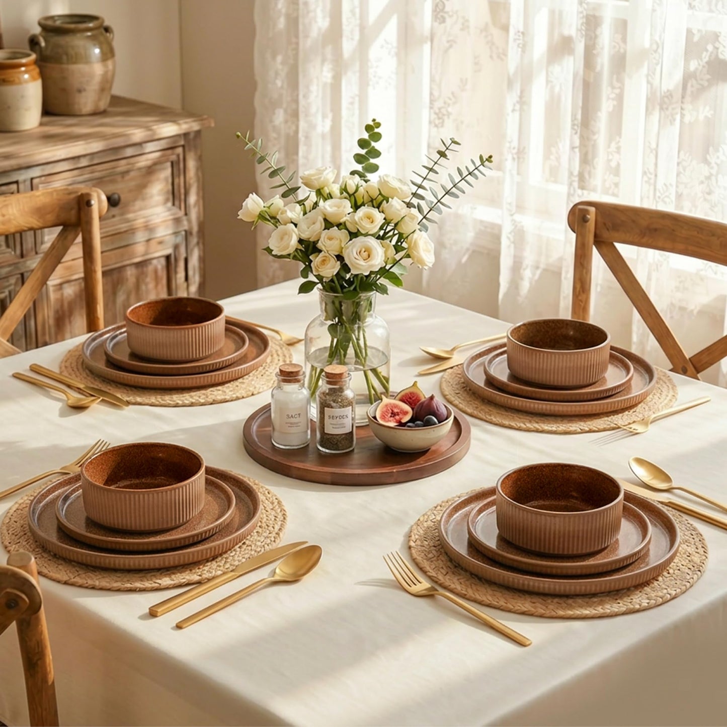 Kitchen Academy Brown Stoneawre Dinnerware Sets for 8, 24Pcs Ceramic Non Toxic Plates and Bowls Sets, Scratch Resistant Dishes, Oven & Microwave Safe