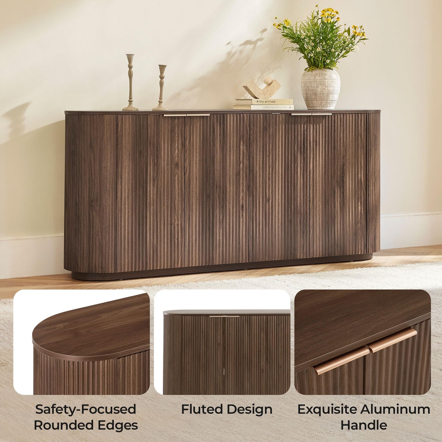 CHITA 70" Sideboard Buffet Cabinet with Storage, Fluted Accent Cabinet with Doors and Adjustable Shelves, Media Console for Living Room, Bar, Kitchen, 32" H, Walnut