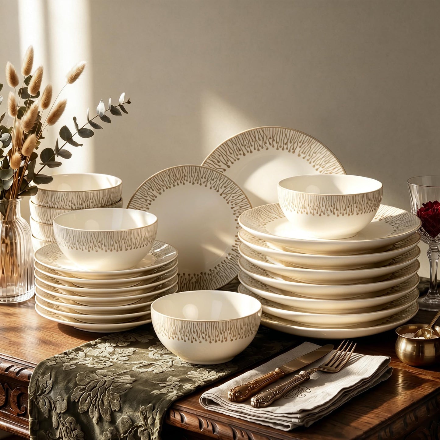 Kitchen Academy Stoneware Dinnerware Sets for 8, Embossed Ceramic Plates and Bowls Set, Beige Dishes