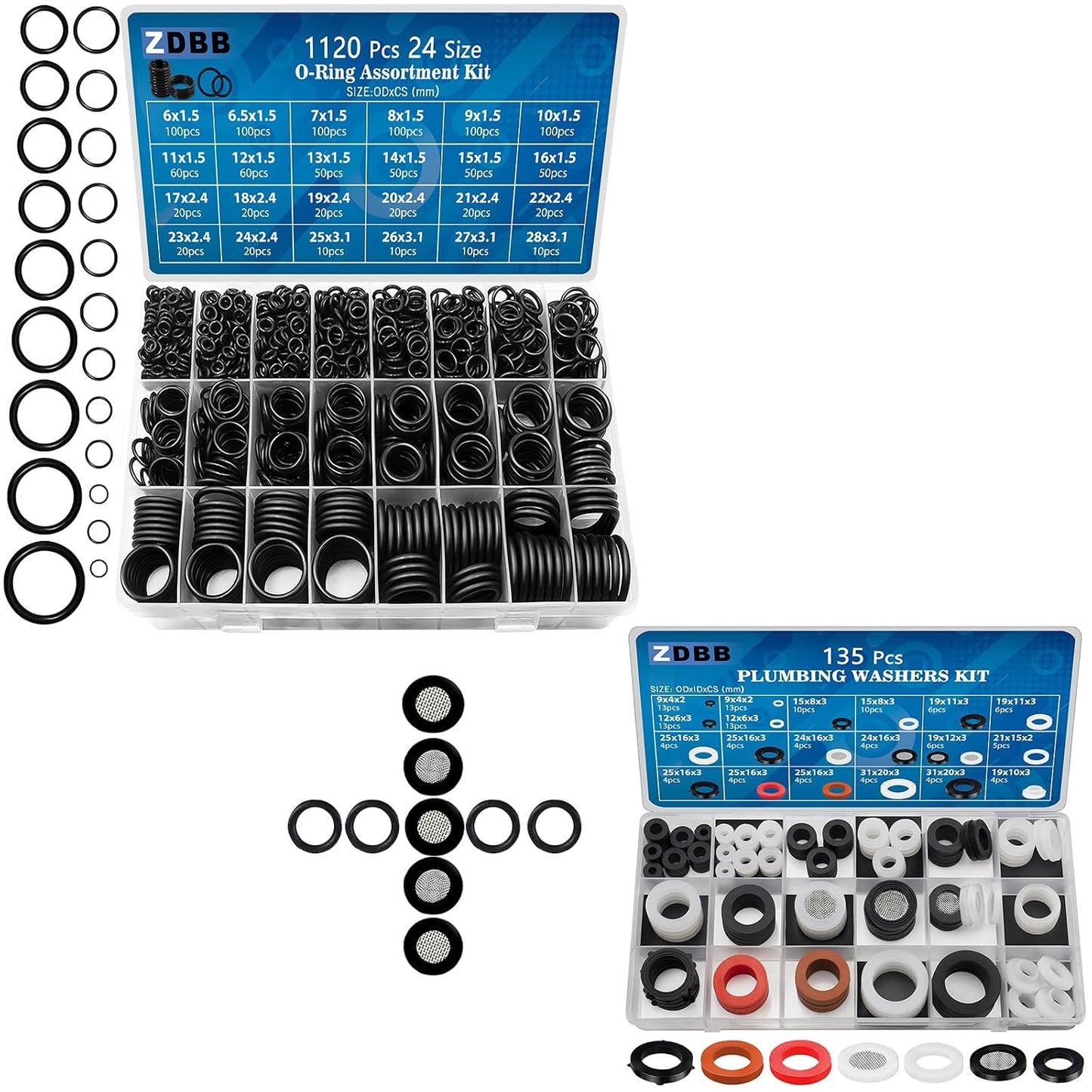 ZDBB 135Pcs 16 Size Plumbing Rubber Washers and 1120 Pcs 24 Size O Rings Assortment Kit