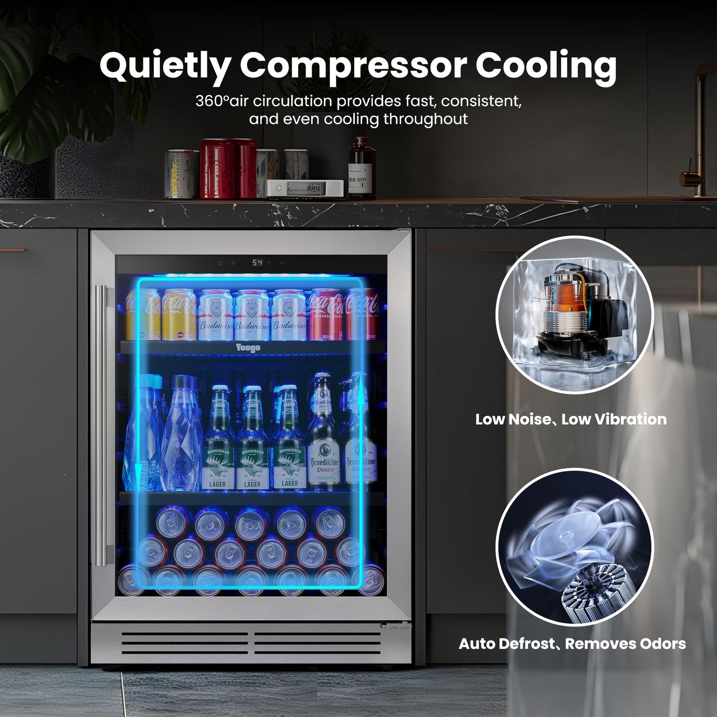Yeego 24-Inch Beverage Refrigerator, Built-In or Freestanding Beverage Cooler, Up to 180 Cans, Glass Door Mini Fridge for Soda, Beer, Water & Wine (Left-Hinged)