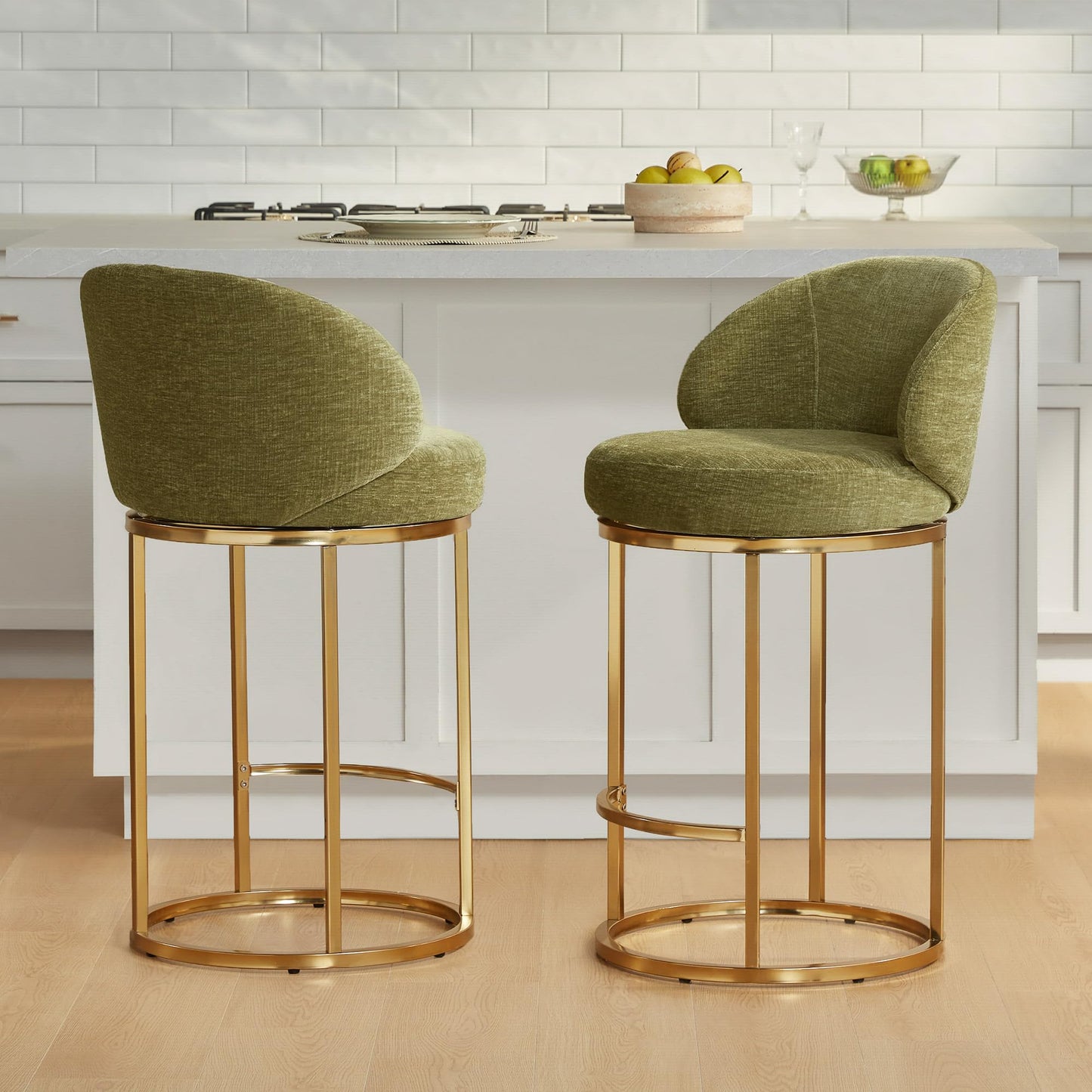 CHITA Swivel Counter Height Bar Stools Set of 3, Upholstered Bar Chairs with Backrest, Sturdy Metal Base, 26.8" Seat Height for Kitchen Island & Home Bar, Sand