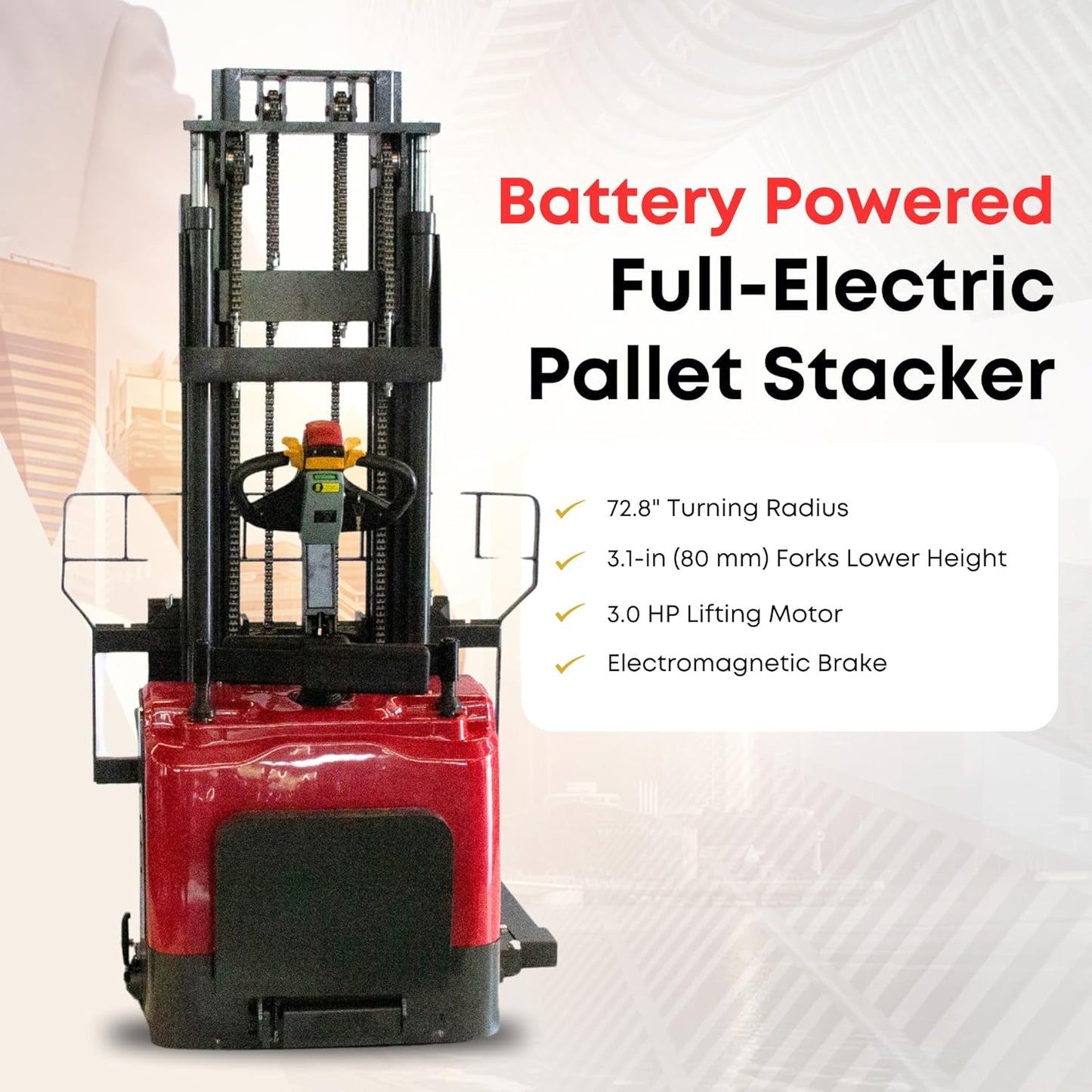 SUNMAX Electric Straddle Stacker, 3300 lbs Capacity, 157 inch Lift Height, Steel Frame, Red and Black