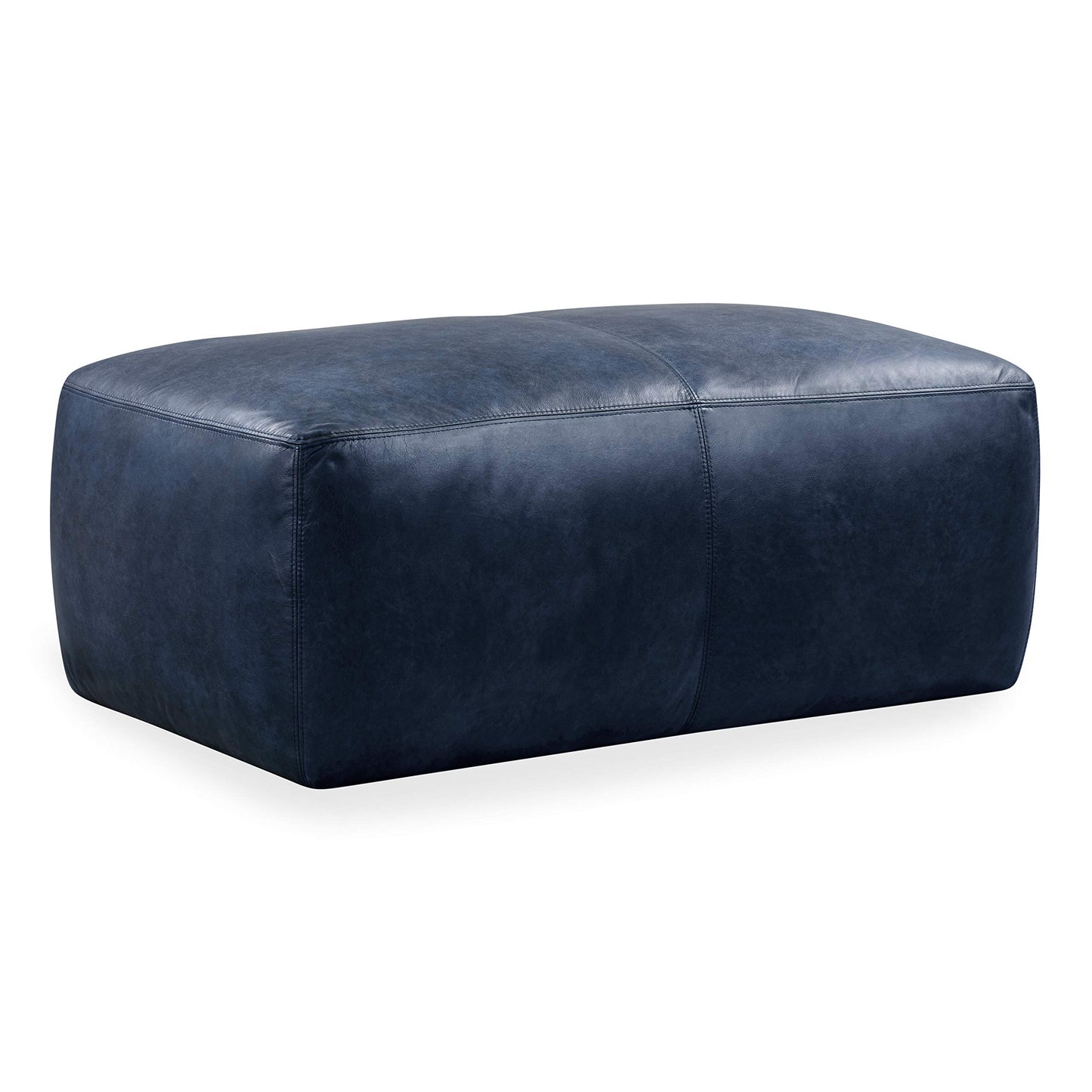 POLY & BARK Denver Ottoman – 43" Large Pouf with Feather-Down Topper – Full-Grain Leather Upholstered Pouf Ottoman for Living Room – Vintage Italian Leather in Cognac Tan