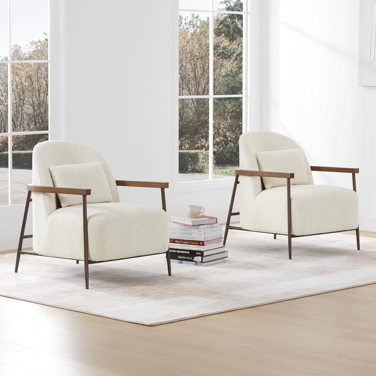 CHITA Accent Chair for Living Room Set of 2, FSC Certified Modern Upholstered Faux Sherpa Fabric Armchair with Metal Frame and Wooden Armrests, Camel