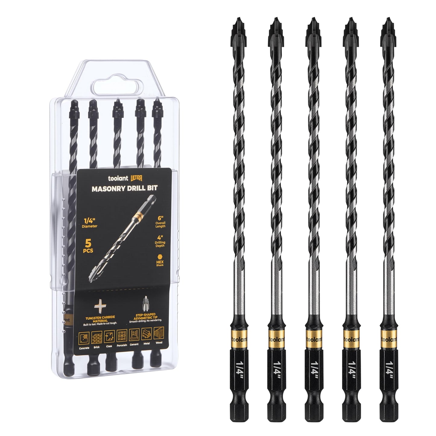 toolant Serrated Eccentric Masonry Drill Bit Set(5pcs),Four Edge Concrete Drill Bits for Glass, Tile, Brick, Cement Concrete Plastic,5/32"-3/8",Industrial Strength Carbide Drill Bit Tip