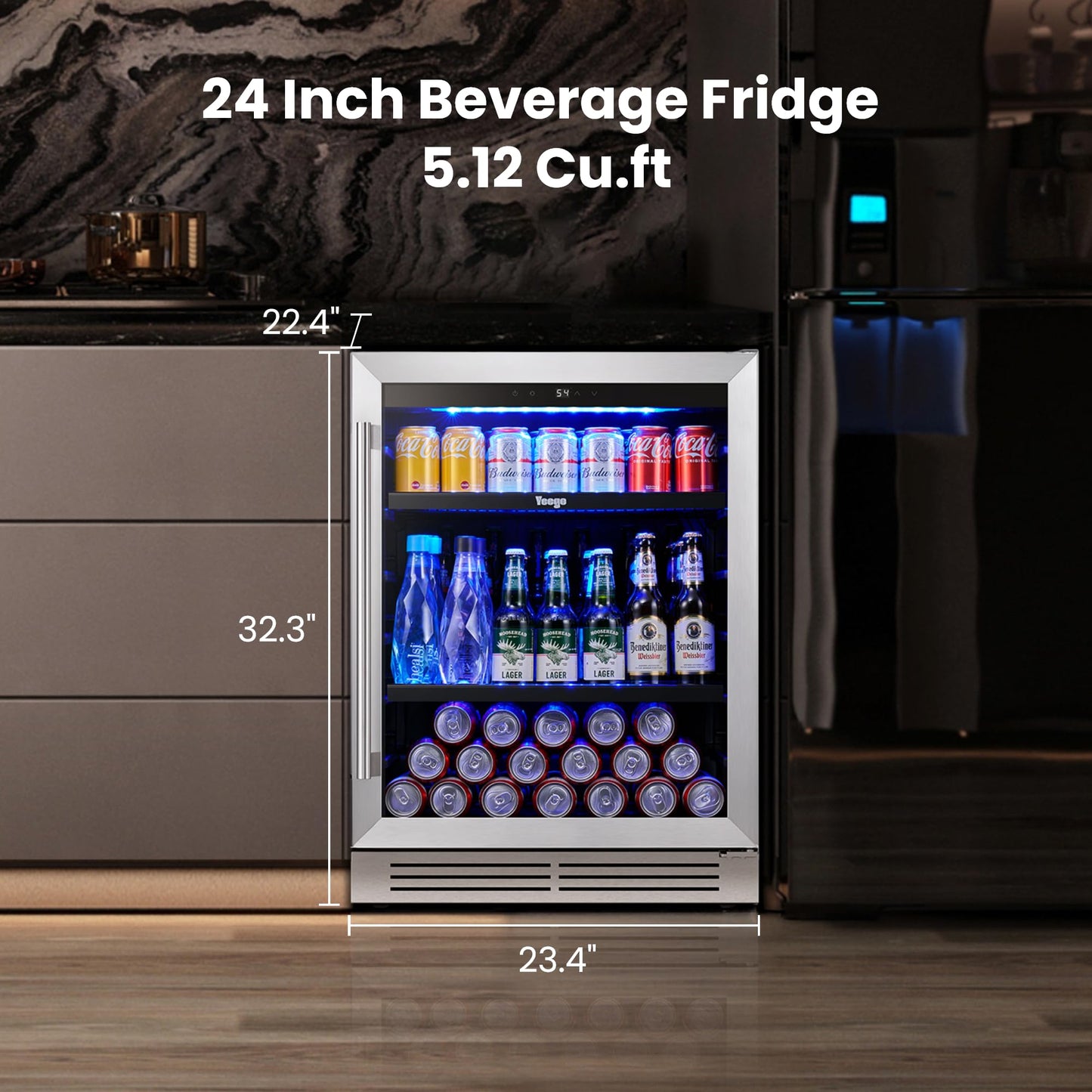 Yeego 24-Inch Beverage Refrigerator, Built-In or Freestanding Beverage Cooler, Up to 180 Cans, Glass Door Mini Fridge for Soda, Beer, Water & Wine (Left-Hinged)