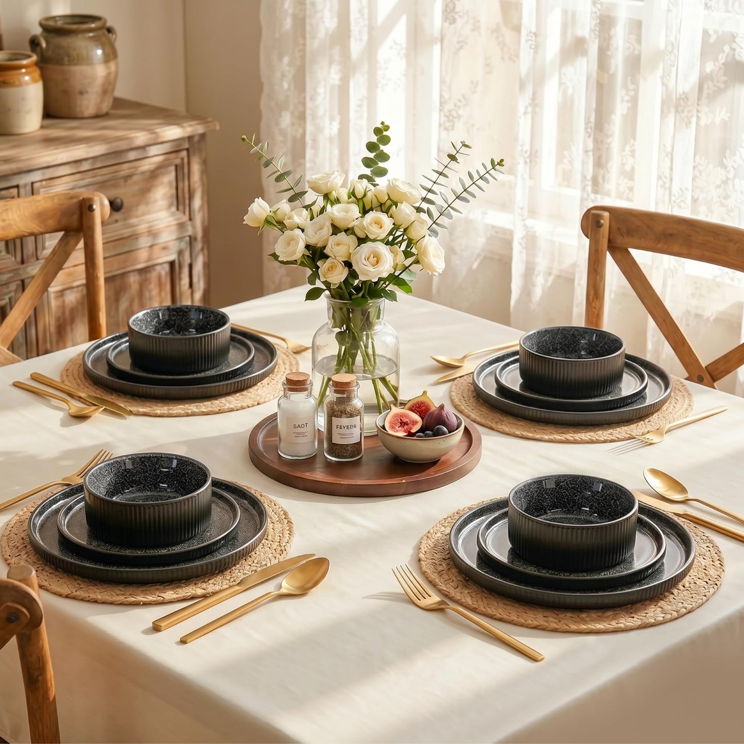 Kitchen Academy Brown Stoneawre Dinnerware Sets for 8, 24Pcs Ceramic Non Toxic Plates and Bowls Sets, Scratch Resistant Dishes, Oven & Microwave Safe