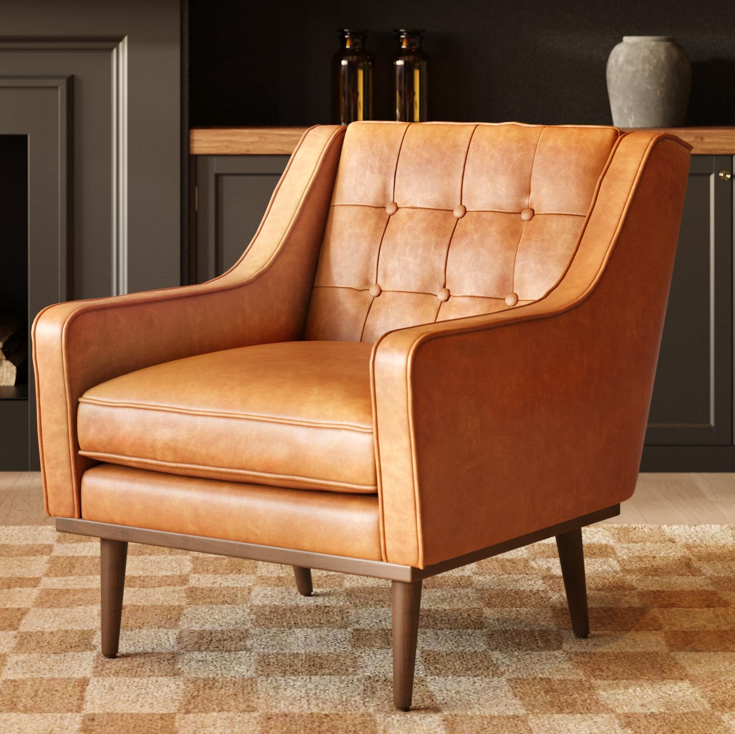 Poly & BARK Rowan Lounge Chairs Set of 2 – Mid Century Modern Leather Armchairs with Ribbed Seat and Solid Ash Wood Frame, Cognac Tan