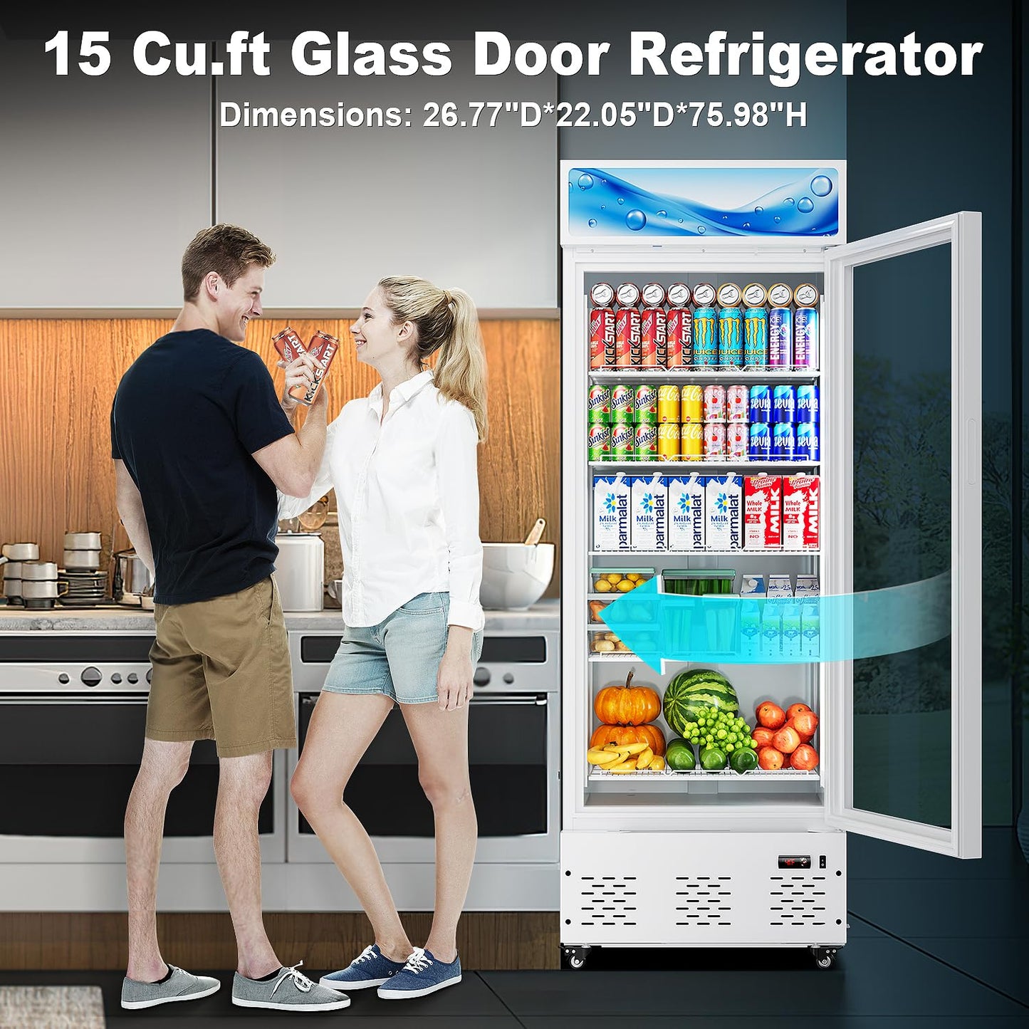 26.8'' W Commercial Beverage Refrigerator, 15 Cu.ft Upright Display Merchandiser Cooler Fridge with LED Light, Adjustable Shelves & Lockable Door for Restaurant Grocery Stores Home, White