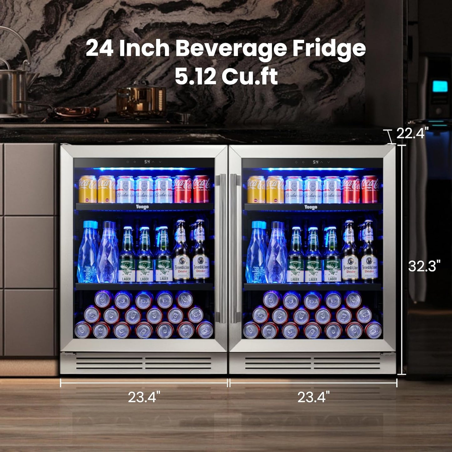 Yeego 48 inch Beverage Fridge Combo - 24 inch 180 Cans Mini Fridge with Glass Door 2PCS, Built-in, Under Counter & Freestanding, Ideal for Bars, Offices, Restaurants