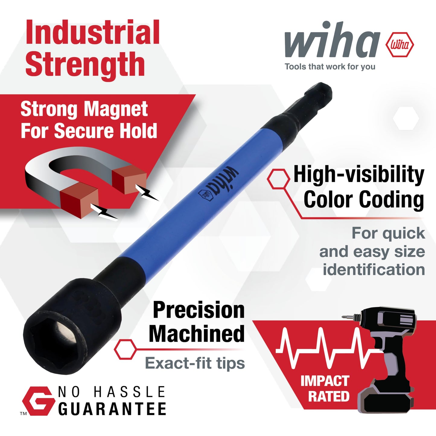 Wiha 70486 Magnetic Nut Setter Set, 6 Piece SAE, Color Coded, 1/4-Inch Hex Drive, Impact Rated