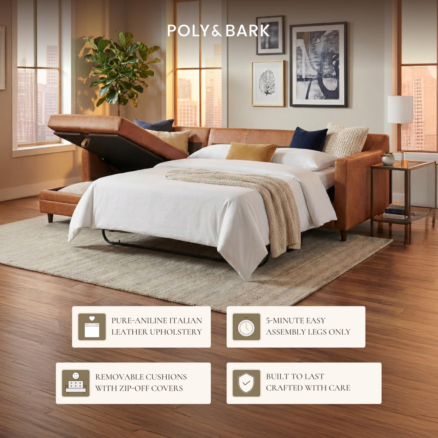 Poly & BARK Harper Left-Facing Leather Sleeper Sectional Sofa Cognac Tan– Full-Grain Aniline Leather, Sculptural Silhouette, Walnut-Finished Legs – Modern Statement Sofa for Living Spaces