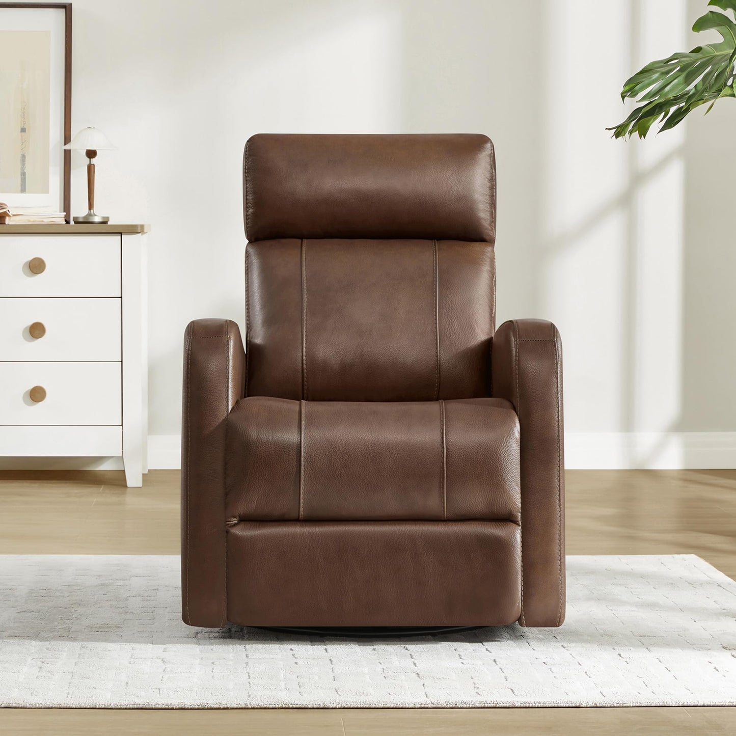 CHITA Genuine Leather Power Recliner Chair for Adults, FSC Certified Electric Nursery Swivel Glider for Living Room, Camel Brown