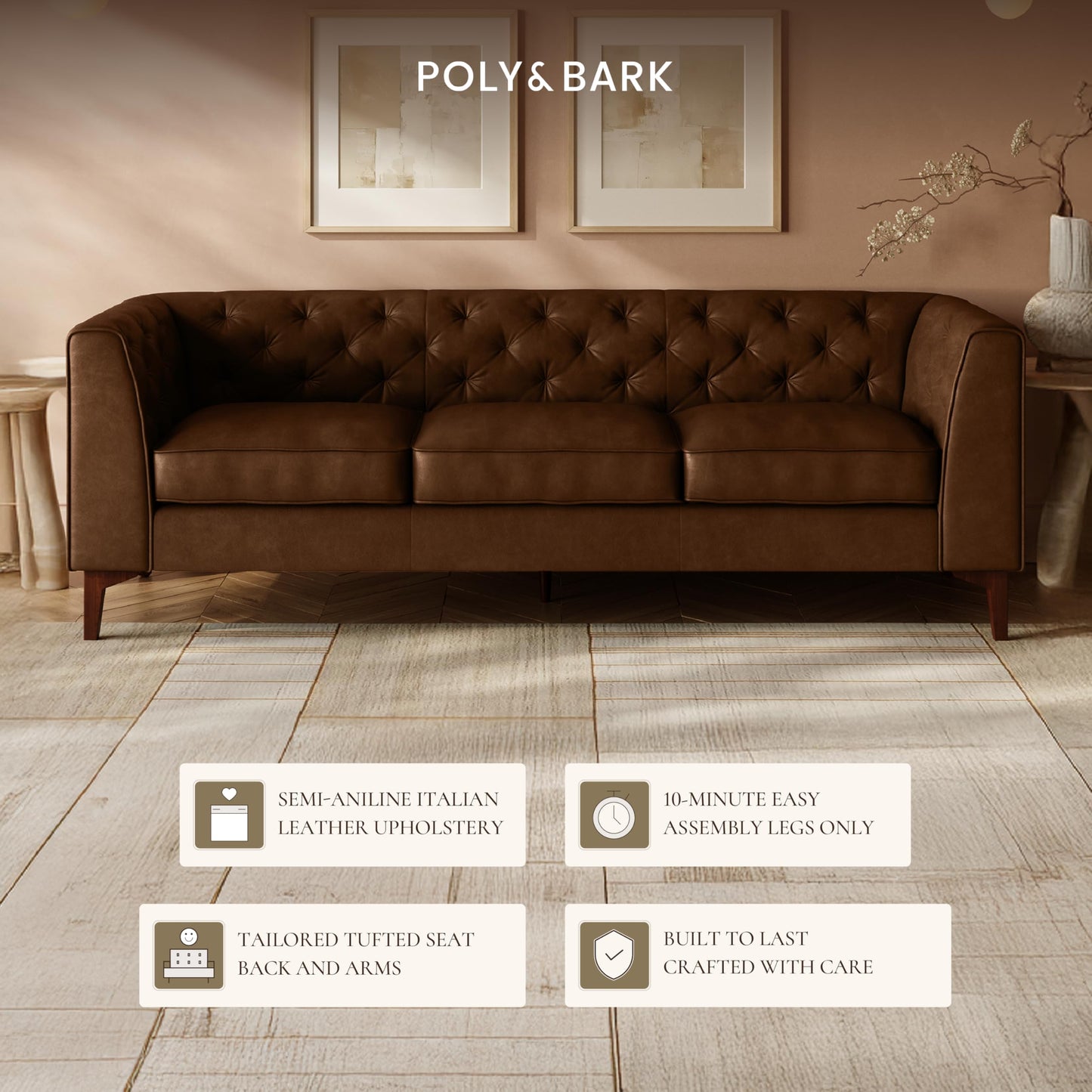 POLY & BARK Essex 89” Full-Grain Italian Leather Sofa – Tufted Back, Feather-Down Comfort, Solid Wood Frame, Cognac Tan