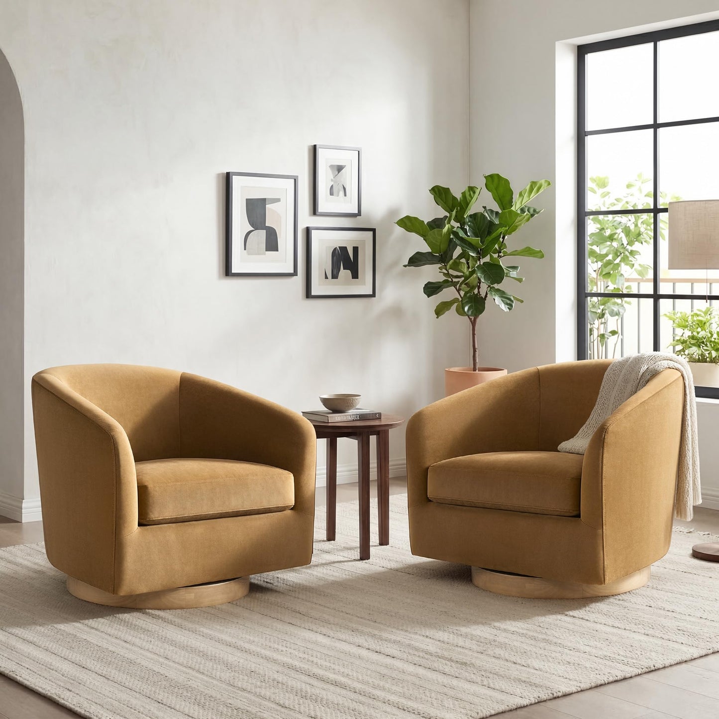 CHITA Swivel Accent Chair Set of 2, Fully Assembled Fabric Barrel Armchair with FSC Certified Upholstered for Living Room, Bedroom and Office, Flax Beige