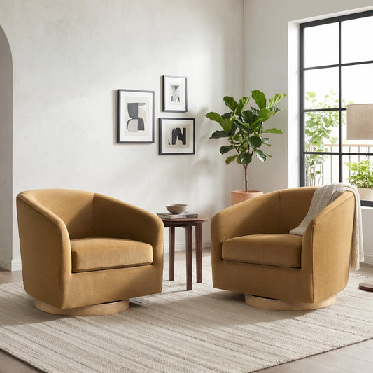 CHITA Swivel Accent Chair Set of 2, Fully Assembled Fabric Barrel Armchair with FSC Certified Upholstered for Living Room, Bedroom and Office, Flax Beige