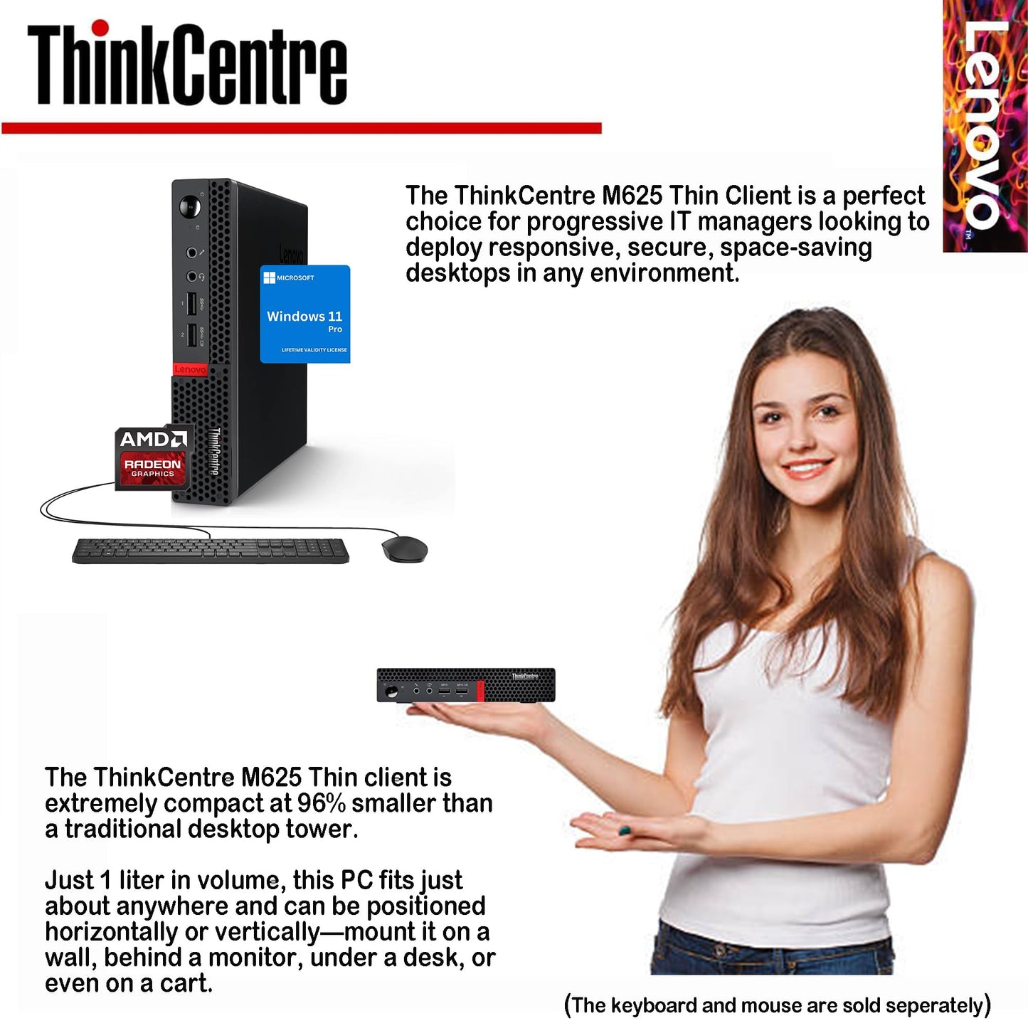 Lenovo ThinkCentre Micro Computer, 4GB RAM, 128GB SSD, AMD CPU, Dual-Display Support, Wi-Fi, Bluetooth, USB Ports, Ethernet Port, w/o Keyboard&Mouse, Windows 11 Pro, for Business&Home