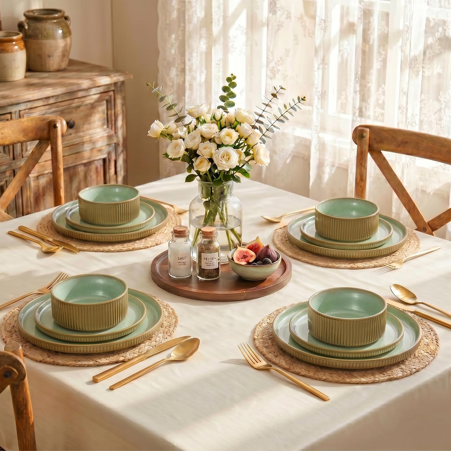 Kitchen Academy Brown Stoneawre Dinnerware Sets for 8, 24Pcs Ceramic Non Toxic Plates and Bowls Sets, Scratch Resistant Dishes, Oven & Microwave Safe
