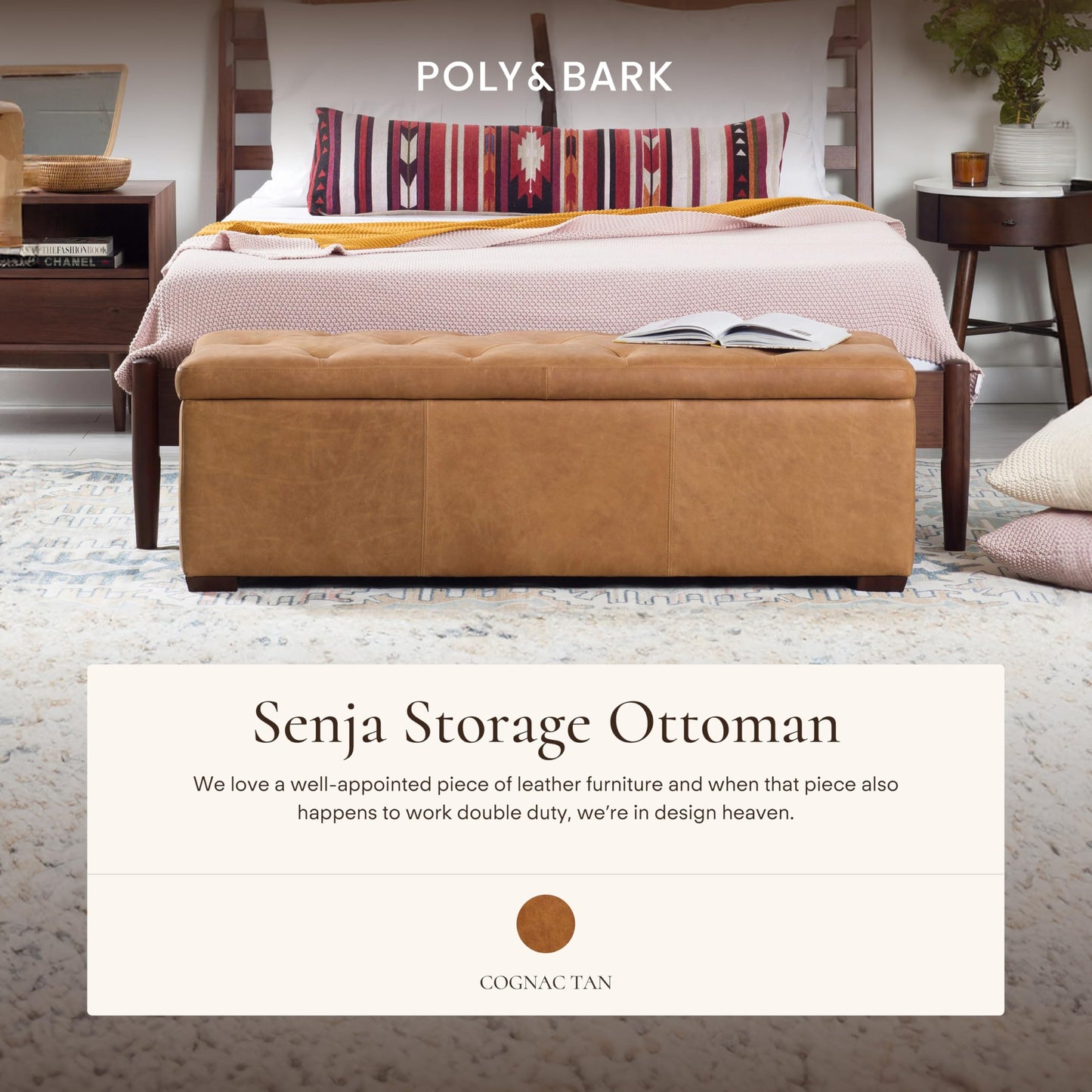 POLY & BARK Denver Ottoman – 43" Large Pouf with Feather-Down Topper – Full-Grain Leather Upholstered Pouf Ottoman for Living Room – Vintage Italian Leather in Cognac Tan