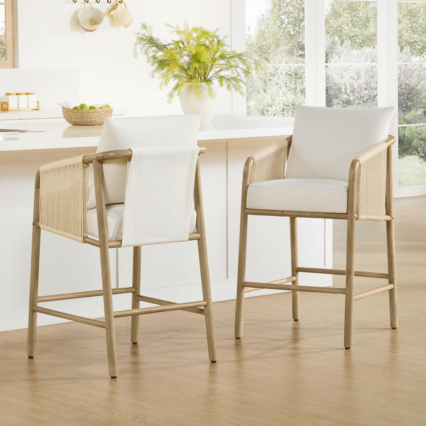 CHITA 27" Counter Height Bar Stools Set of 2, Boho Woven Paper Cord Counter Stools with Back and Armrests, Upholstered Rope Bar Chairs for Kitchen Island & Home Bar, Cream