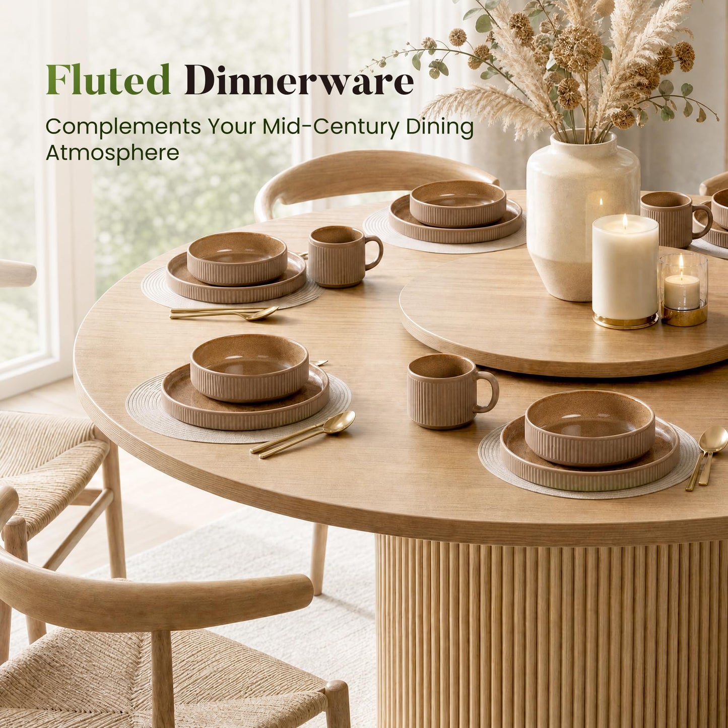 Kitchen Academy Brown Stoneawre Dinnerware Sets for 8, 24Pcs Ceramic Non Toxic Plates and Bowls Sets, Scratch Resistant Dishes, Oven & Microwave Safe