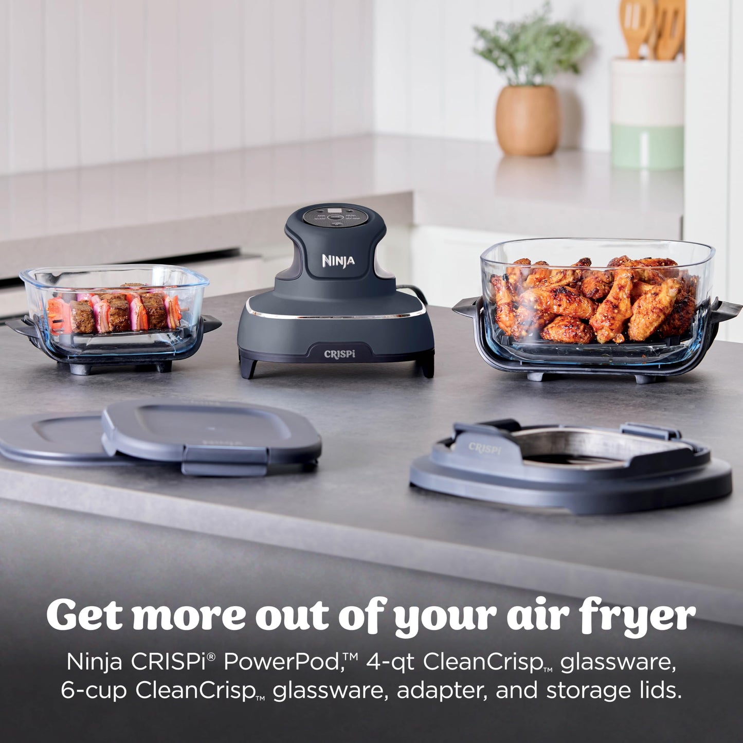 Ninja Crispi 4 in 1 Glass Air Fryer, 450°F, Non Toxic, 4QT and 6 Cup Containers with Lids, Dishwasher Safe, Stone, 1 Count, FN101ST