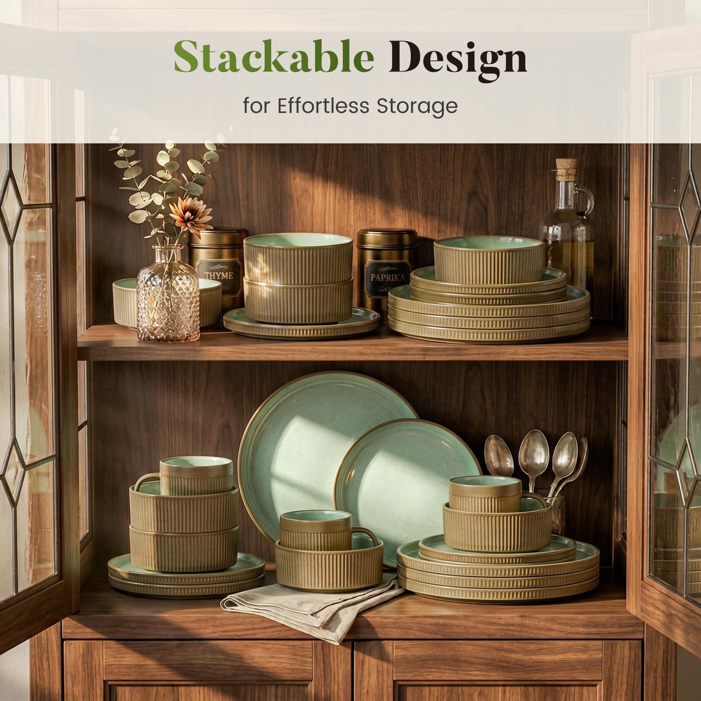 Kitchen Academy Brown Stoneawre Dinnerware Sets for 8, 24Pcs Ceramic Non Toxic Plates and Bowls Sets, Scratch Resistant Dishes, Oven & Microwave Safe