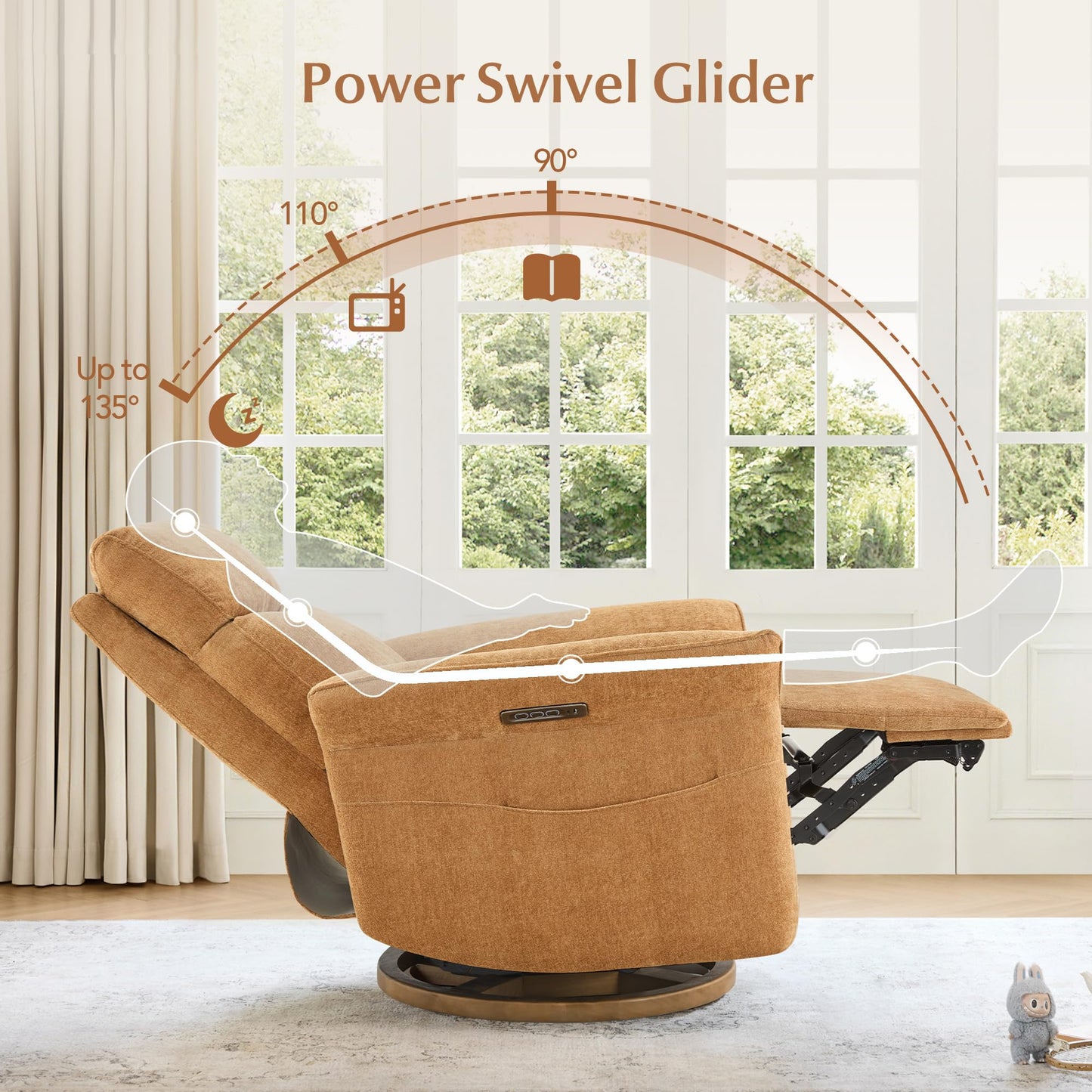 CHITA Power Recliner Chair, Electric Triple-Motor Swivel Glider Nursery Rocking Chair with Adjustable Power Headrest and Lumbar Support, GREENGARD Gold Certified, Solid Wood Base, Linen