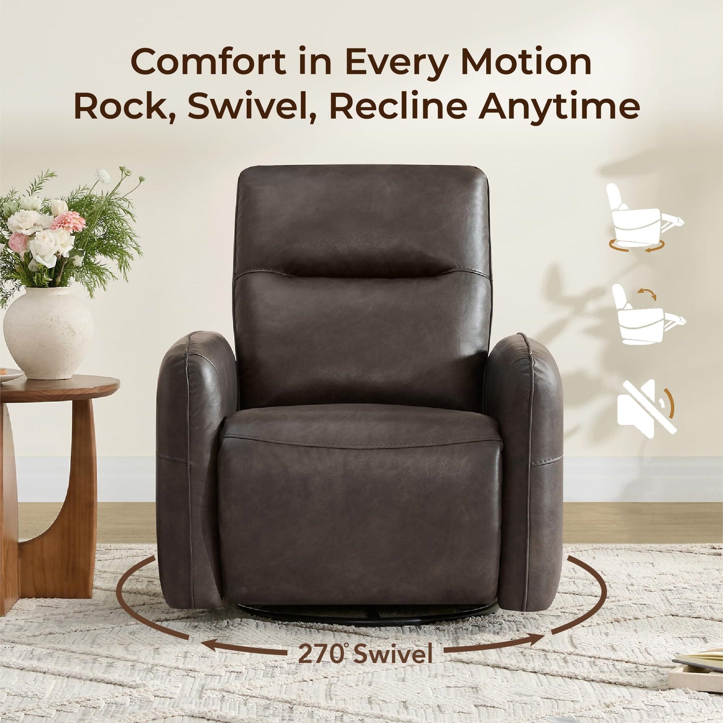 CHITA Faux Leather Power Recliner Chair, Swivel Glider Recliner for Adults, Nursery Rocking Chair with USB & Type-C Charging for Living Room, Bedroom, Creamy Grey