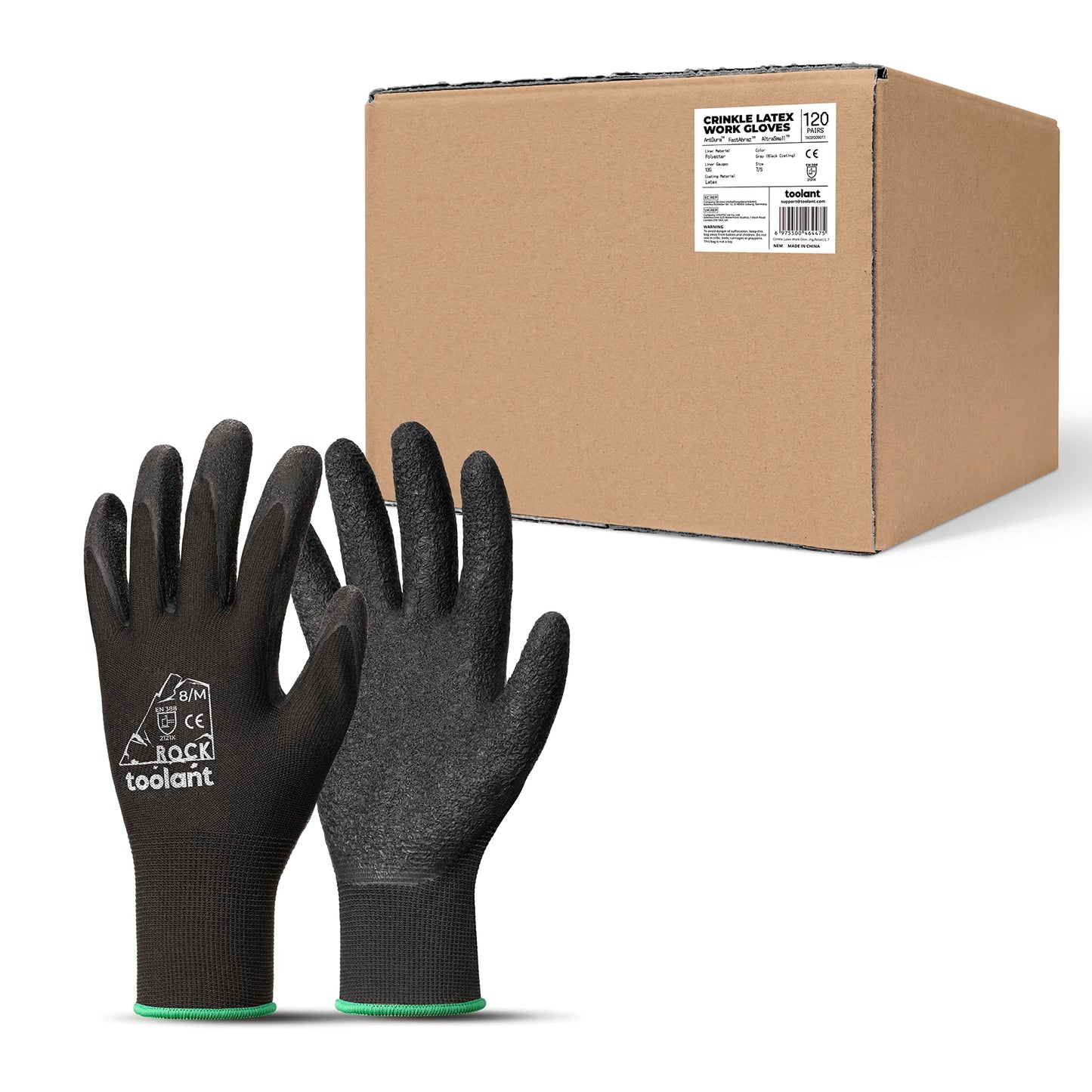 toolant Crinkle Latex Work Gloves Bulk, Rubber Coated Safety Work Gloves for Men and Women, 12 Pairs for Construction, Gardening, Warehouse (Black, Large)