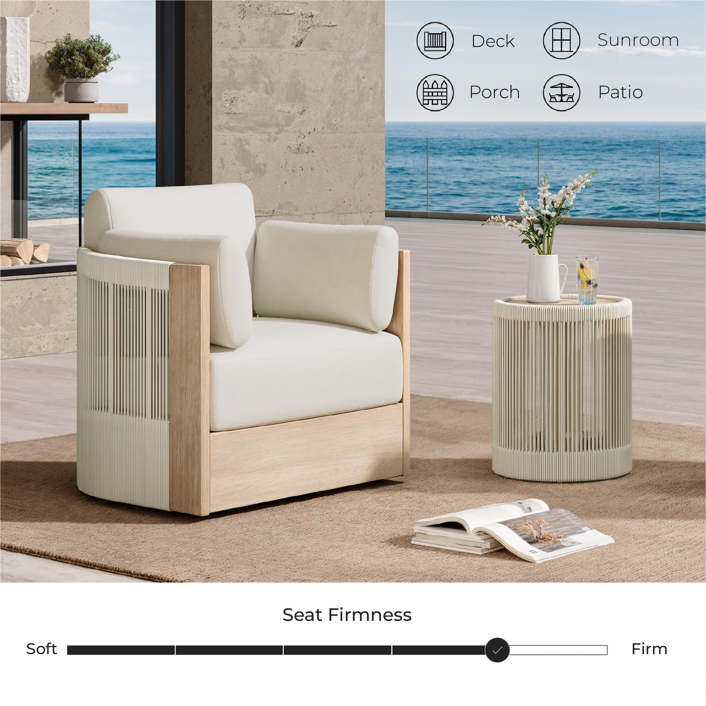 CHITA 3 Pieces Boho Patio Rattan Bistro Set, Outdoor Wicker Furniture Swivel Chairs & Side Table Set with 2 Arm Pillows, Acacia Wood Frame, Fully Assembled(Cream)
