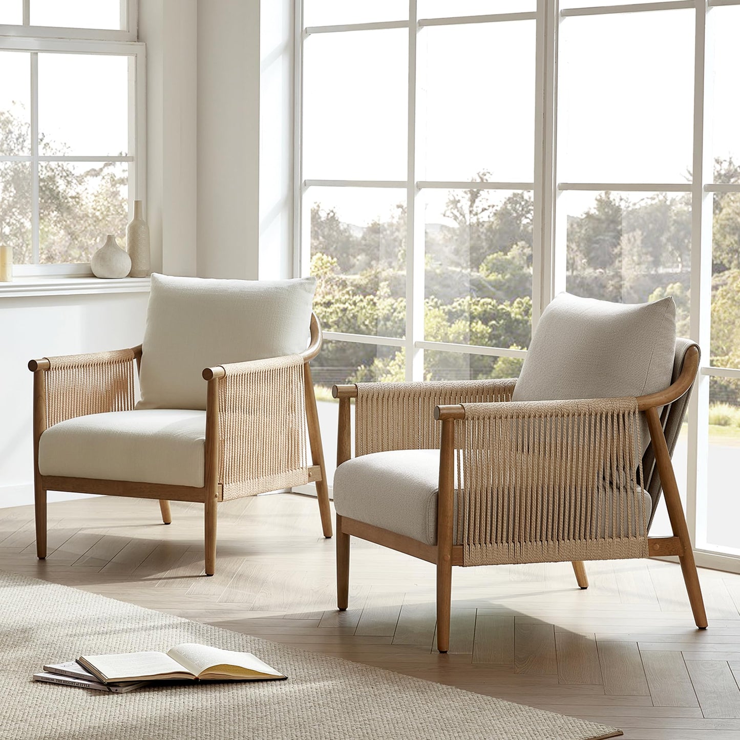 CHITA Braid Accent Chair, Modern Armchair with Solid Wooden Armrest for Living Room and Bedroom, Boho Reading Chair, Cream